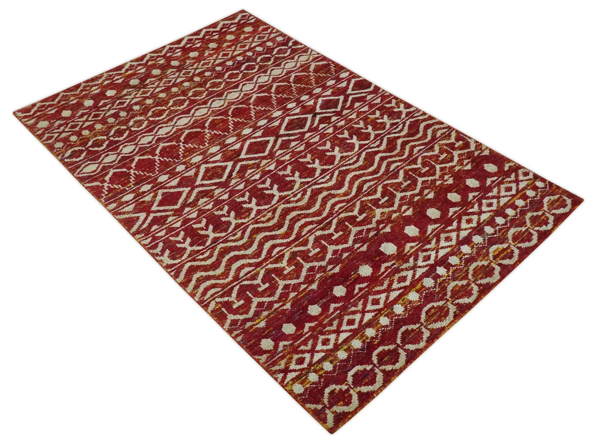 Maroon and Ivory 5.6x8.6 Hand Knotted Southwestern Tribal Trellis Recycled Silk Rug - Image 9