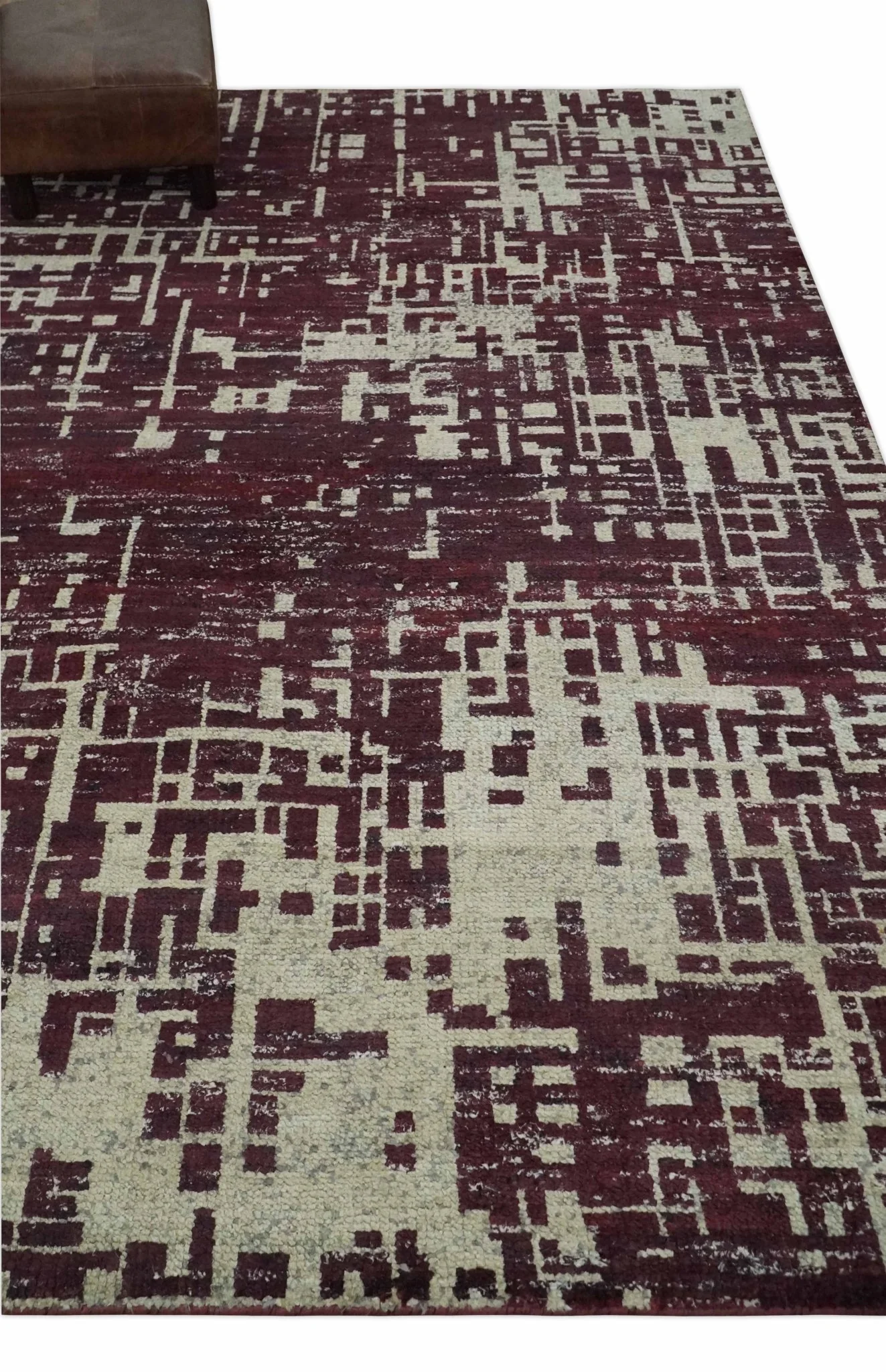 Hand Knotted 5x8 Maroon and Ivory Modern Abstract Contemporary Recycled Silk Area Rug - Image 3