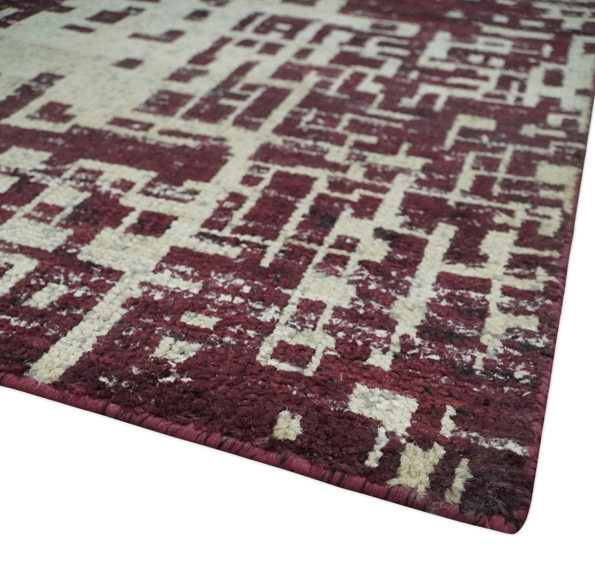 Hand Knotted 5x8 Maroon and Ivory Modern Abstract Contemporary Recycled Silk Area Rug - Image 5
