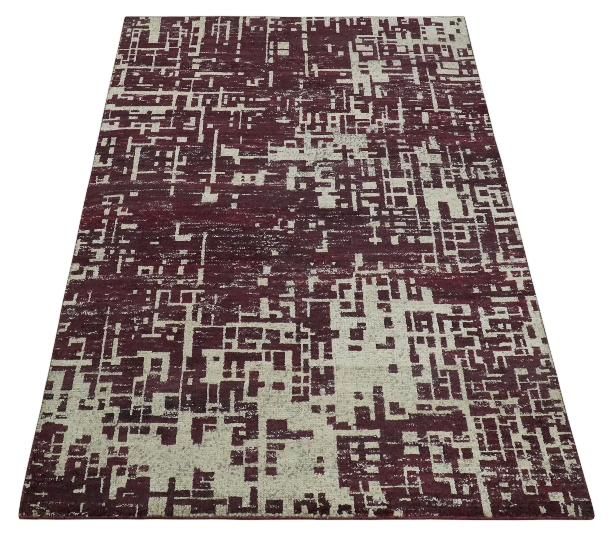 Hand Knotted 5x8 Maroon and Ivory Modern Abstract Contemporary Recycled Silk Area Rug - Image 8