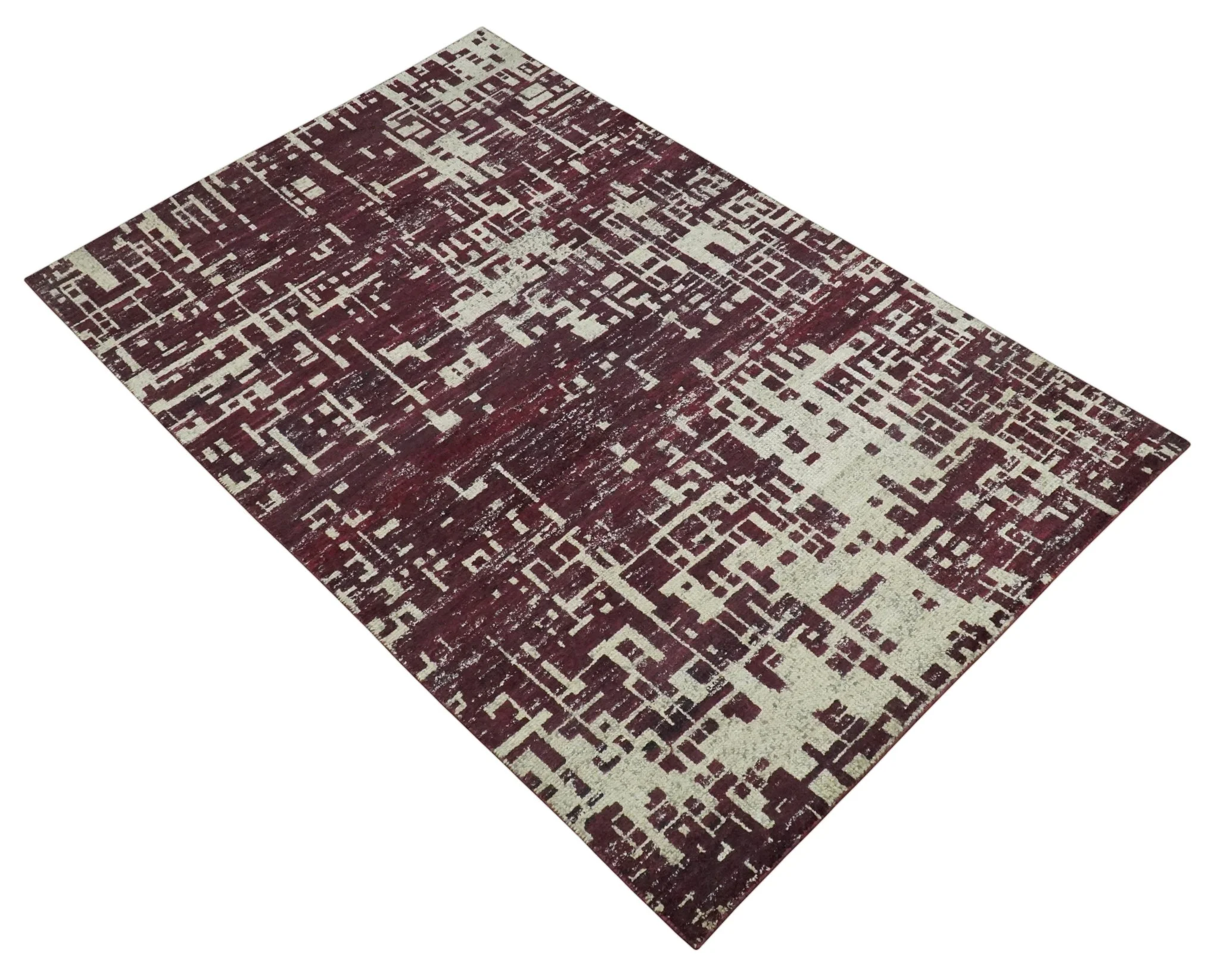 Hand Knotted 5x8 Maroon and Ivory Modern Abstract Contemporary Recycled Silk Area Rug - Image 9