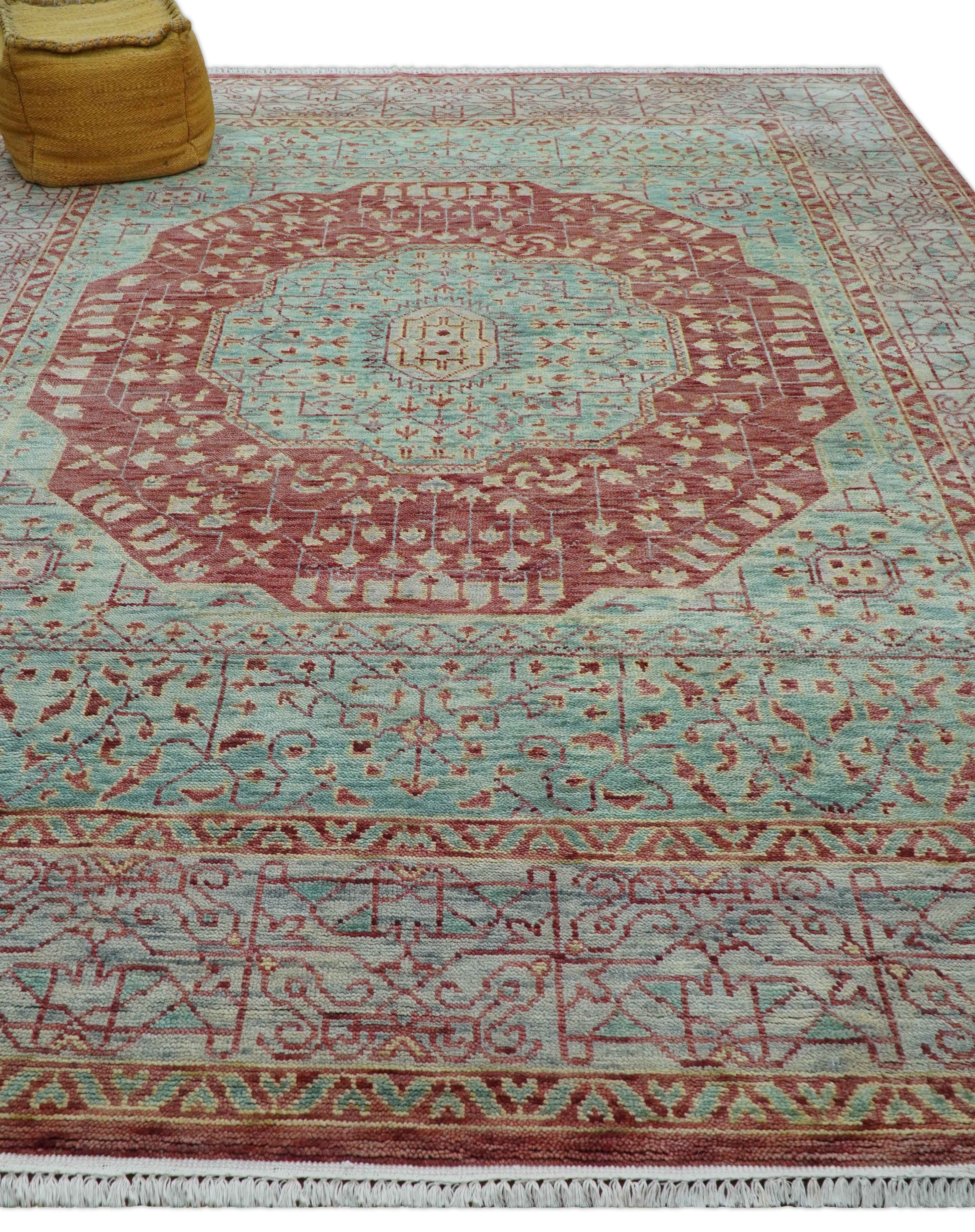 Maroon And Teal Traditional Mamluk Design Hand knotted 9x12 Wool Rug - Image 11