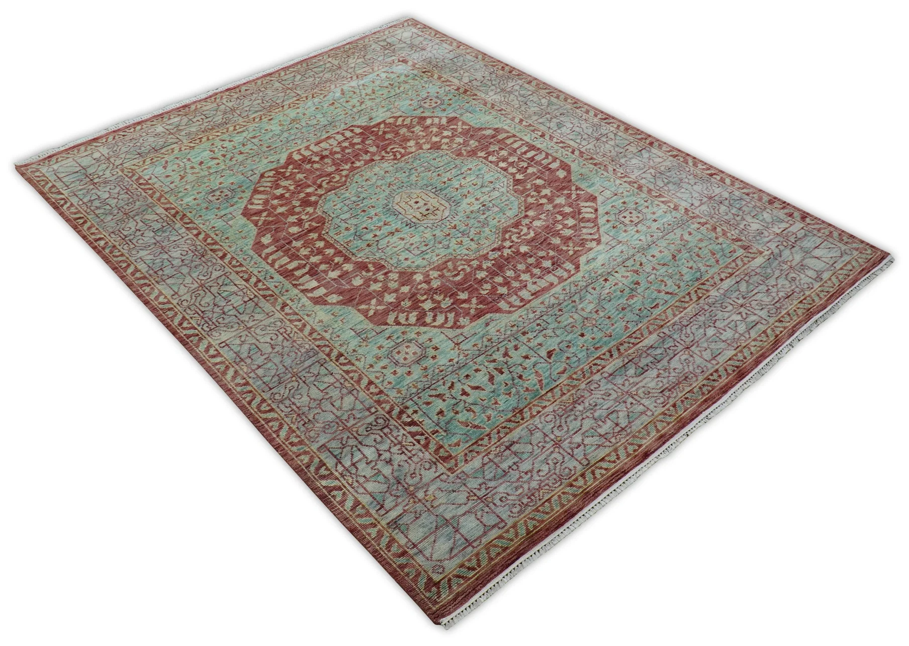 Maroon And Teal Traditional Mamluk Design Hand knotted 9x12 Wool Rug - Image 3