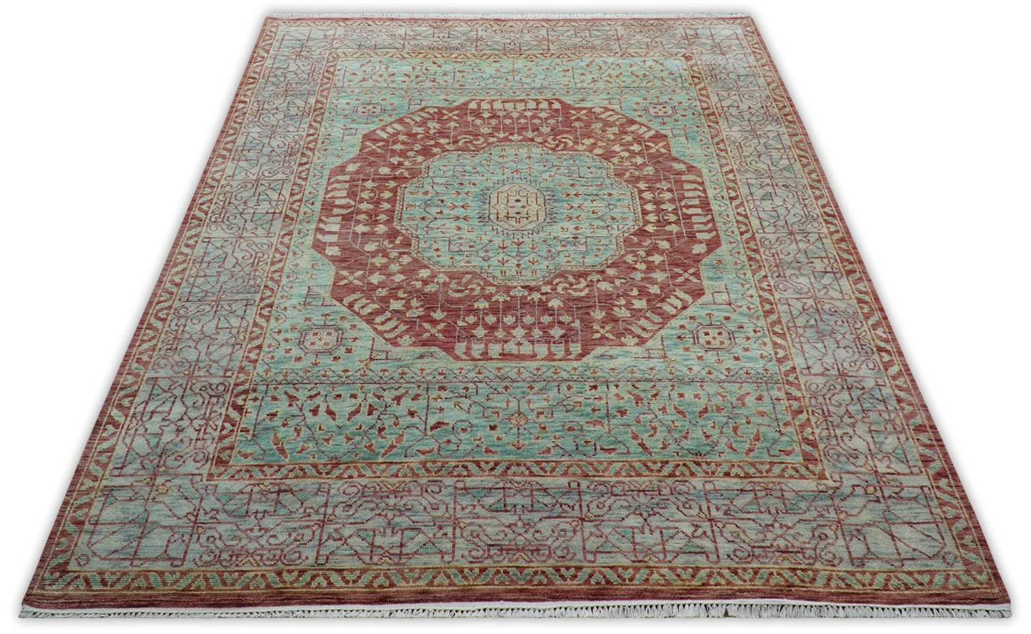Maroon And Teal Traditional Mamluk Design Hand knotted 9x12 Wool Rug - Image 4