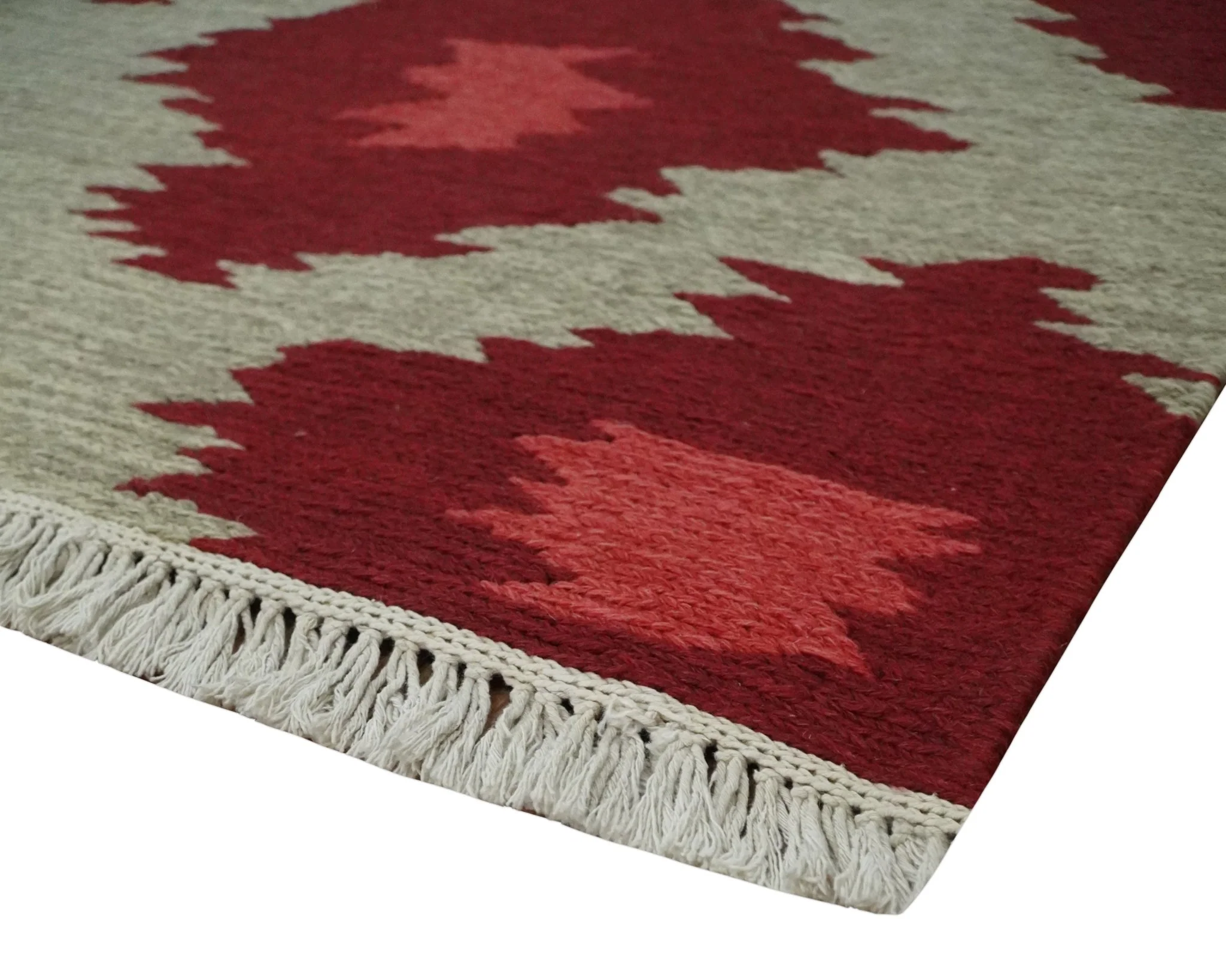 Maroon, Beige and Rust 3x5 Ikat Pattern Hand Woven Soumak Dhurrie Wool Area Rug - Image 3