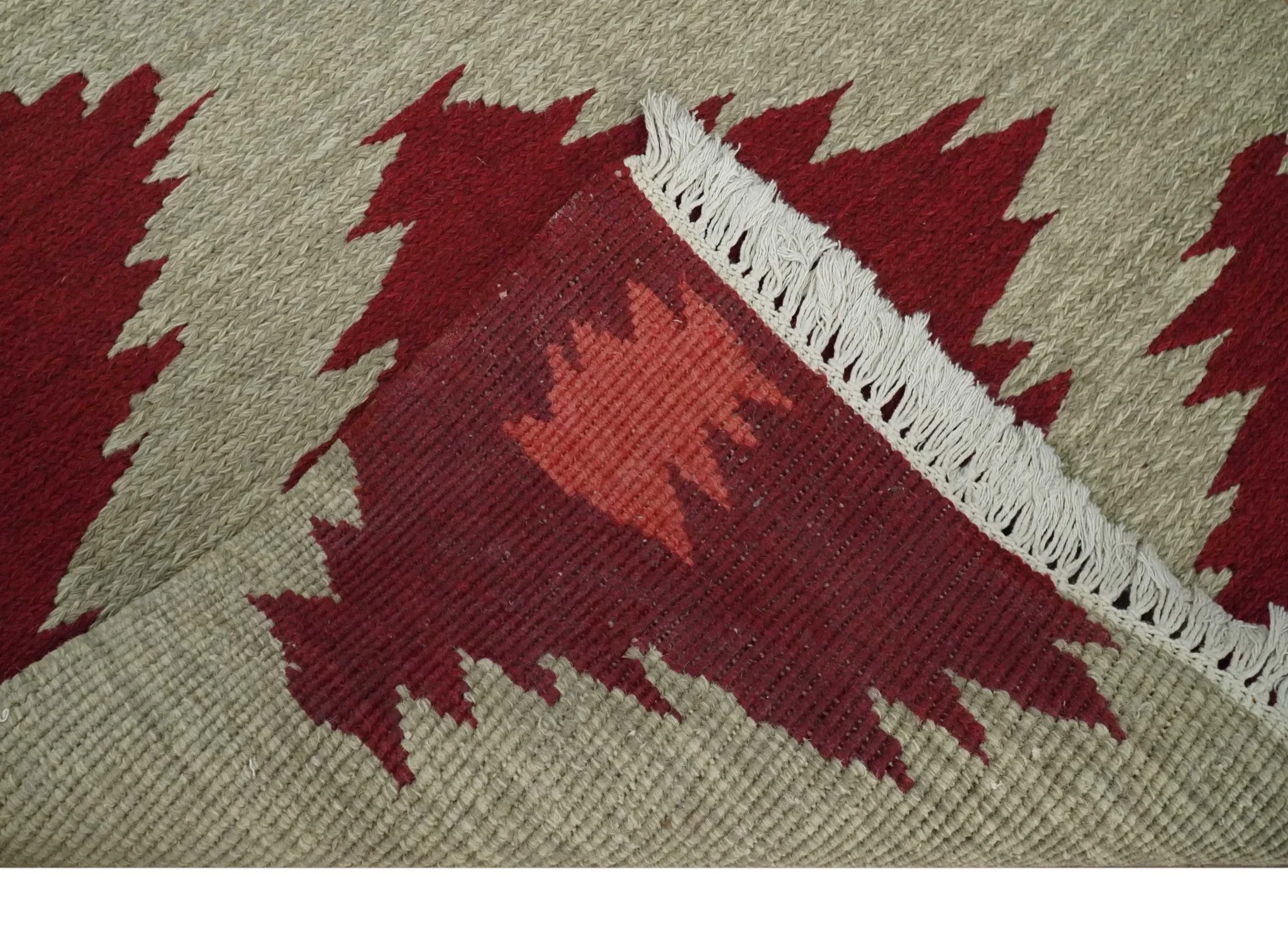 Maroon, Beige and Rust 3x5 Ikat Pattern Hand Woven Soumak Dhurrie Wool Area Rug - Image 5