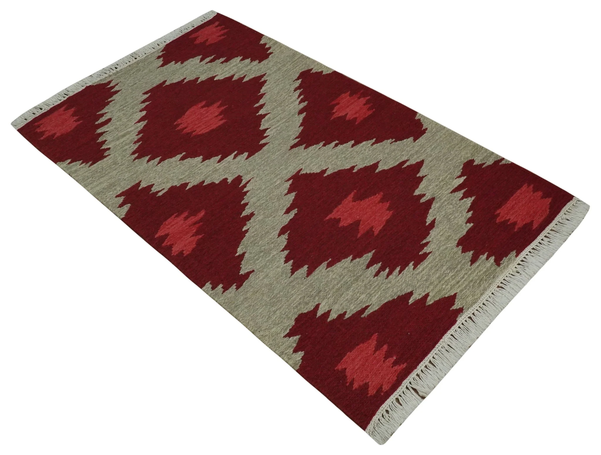 Maroon, Beige and Rust 3x5 Ikat Pattern Hand Woven Soumak Dhurrie Wool Area Rug - Image 7