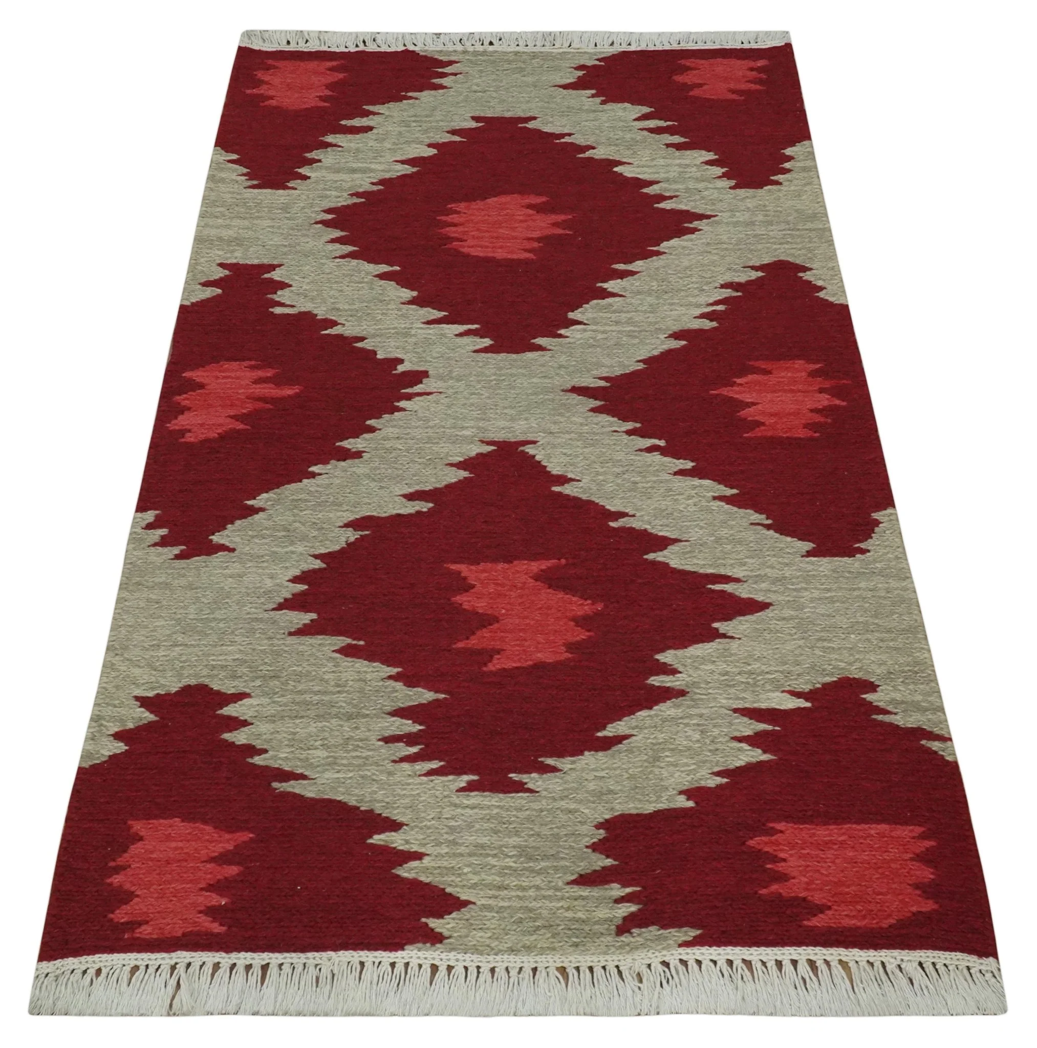 Maroon, Beige and Rust 3x5 Ikat Pattern Hand Woven Soumak Dhurrie Wool Area Rug - Image 8
