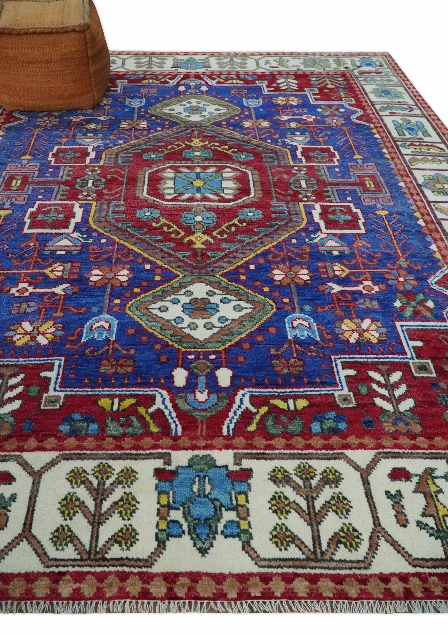 Maroon, Blue and ivory Hand Knotted Antique 8x10 Traditional Wool Rug - Image 3