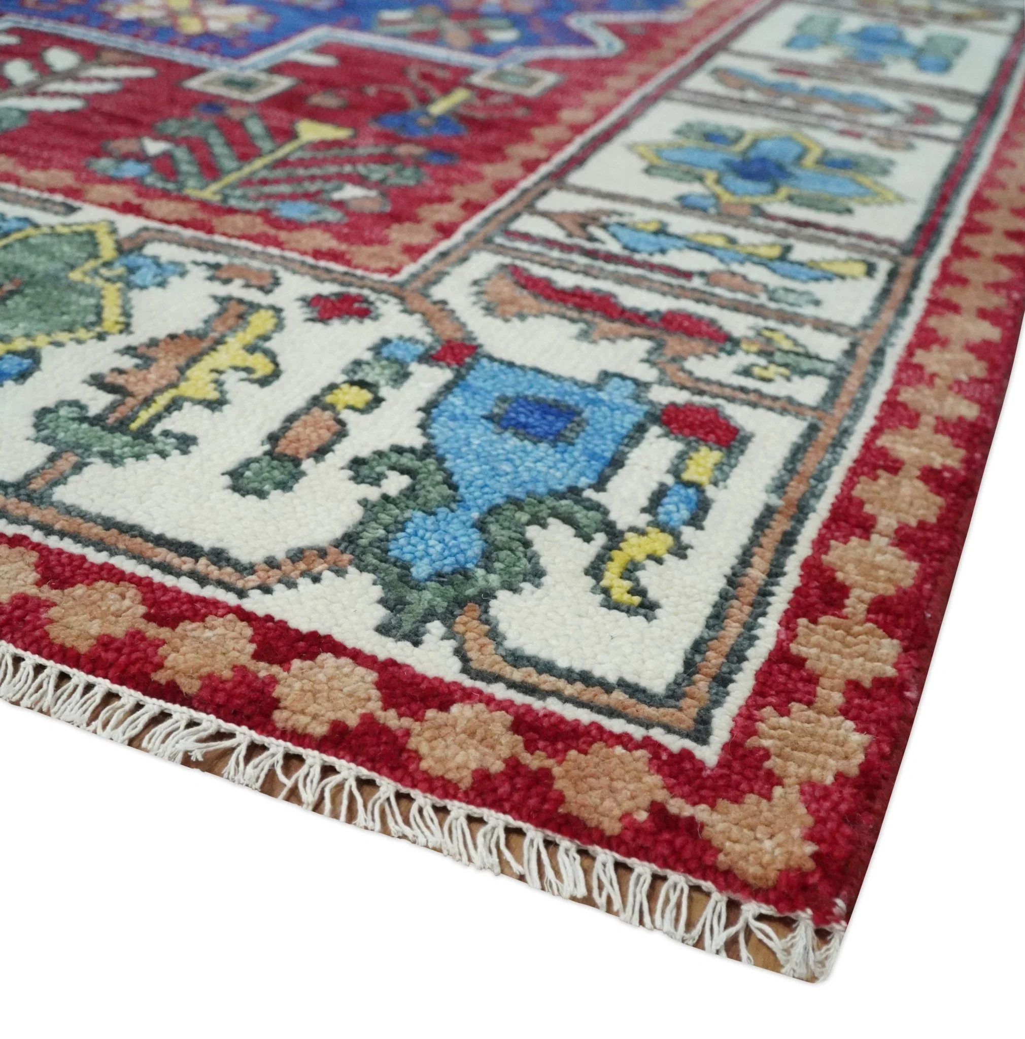 Maroon, Blue and ivory Hand Knotted Antique 8x10 Traditional Wool Rug - Image 5