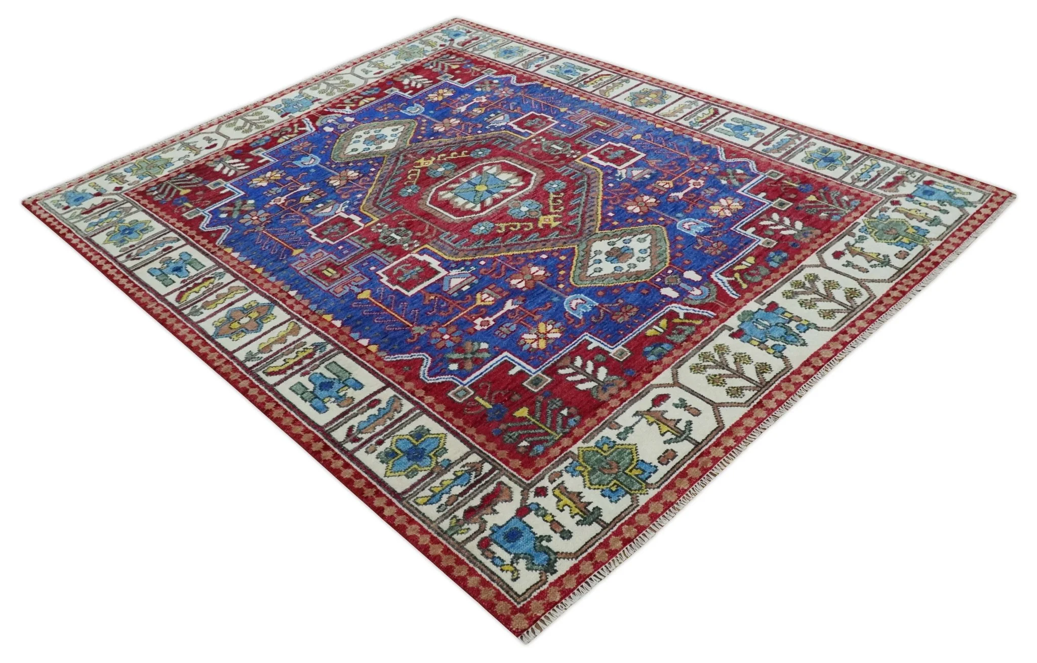 Maroon, Blue and ivory Hand Knotted Antique 8x10 Traditional Wool Rug - Image 9