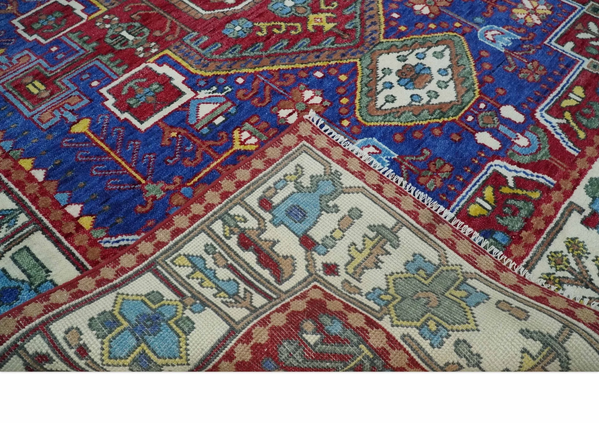 Custom Made Maroon, Blue and ivory Hand Knotted Traditional Wool Rug - Image 6