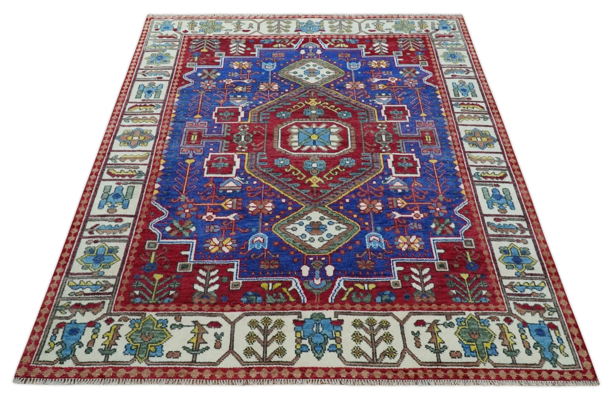 Custom Made Maroon, Blue and ivory Hand Knotted Traditional Wool Rug - Image 9