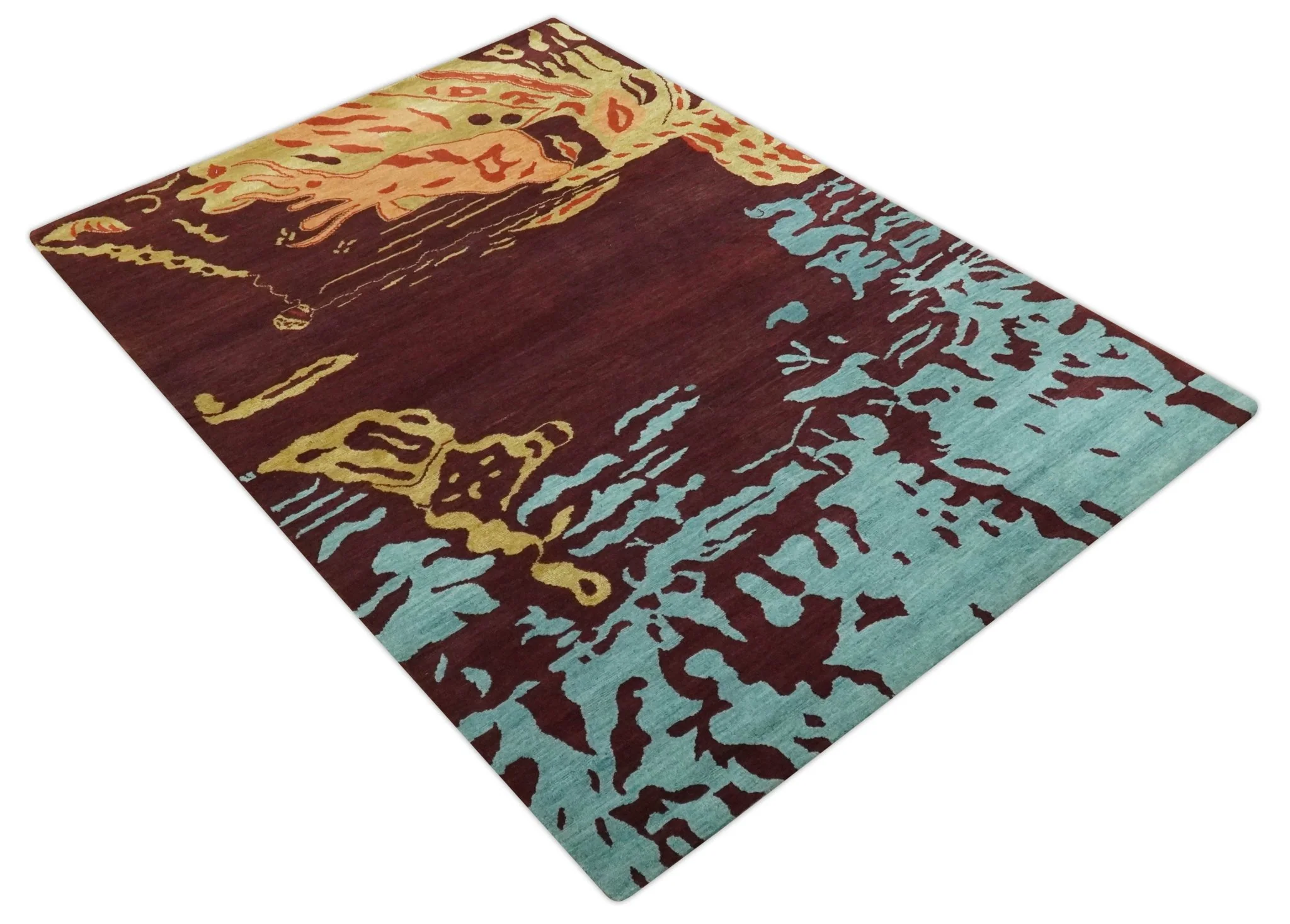 Modern Abstract Maroon, Gold and Aqua Hand loom 5x7 wool and Viscose Area Rug - Image 10