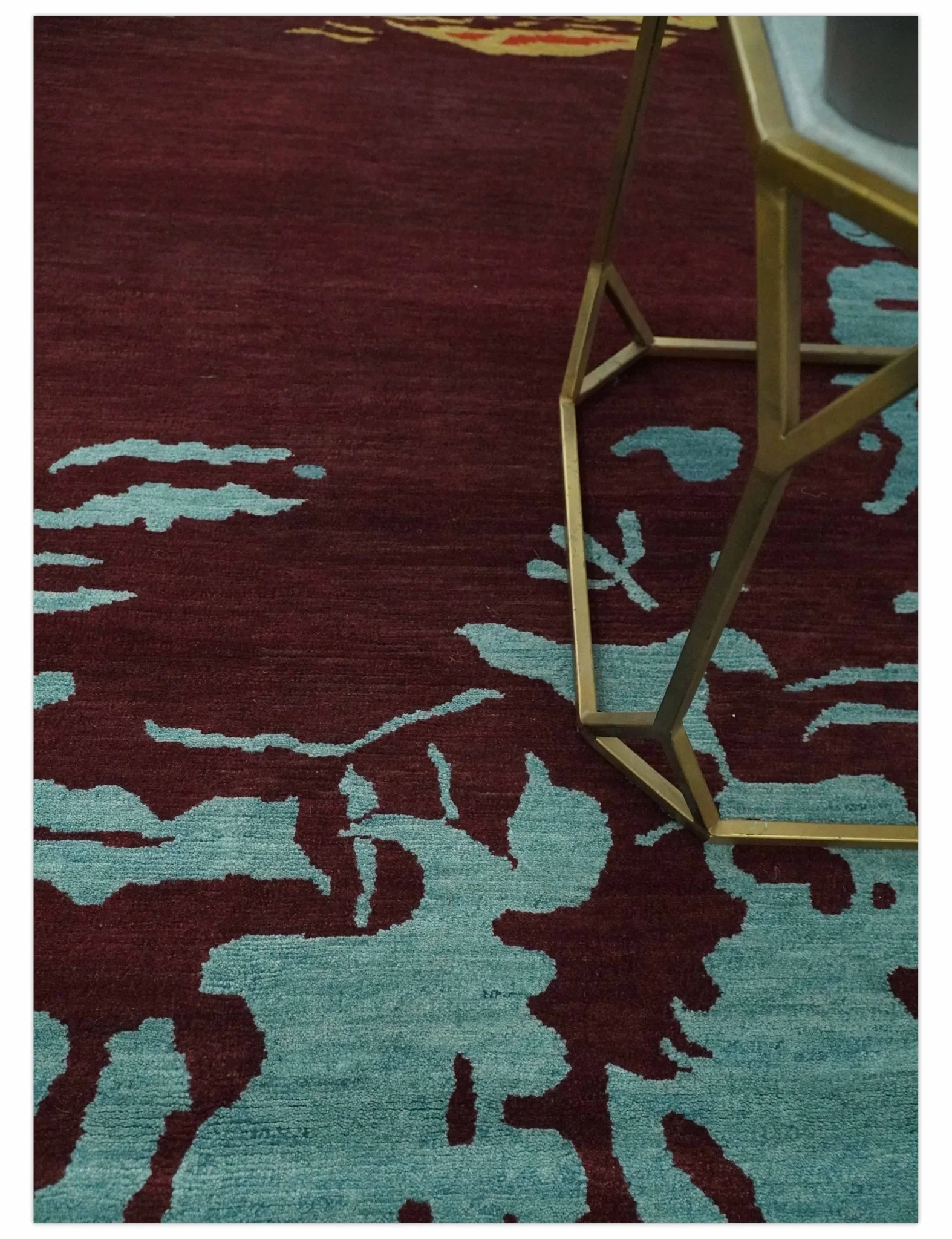 Modern Abstract Maroon, Gold and Aqua Hand loom 5x7 wool and Viscose Area Rug - Image 2