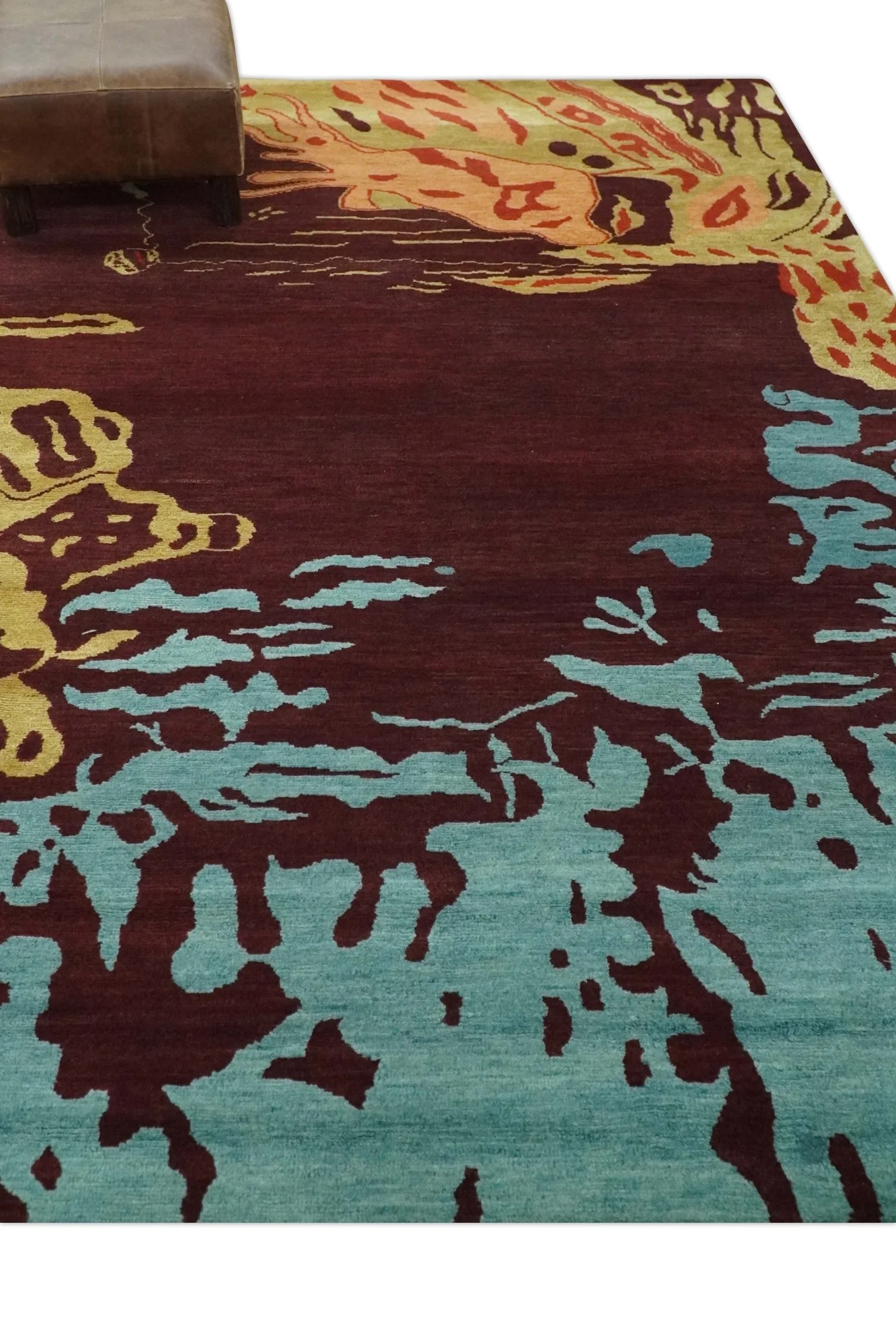 Modern Abstract Maroon, Gold and Aqua Hand loom 5x7 wool and Viscose Area Rug - Image 3