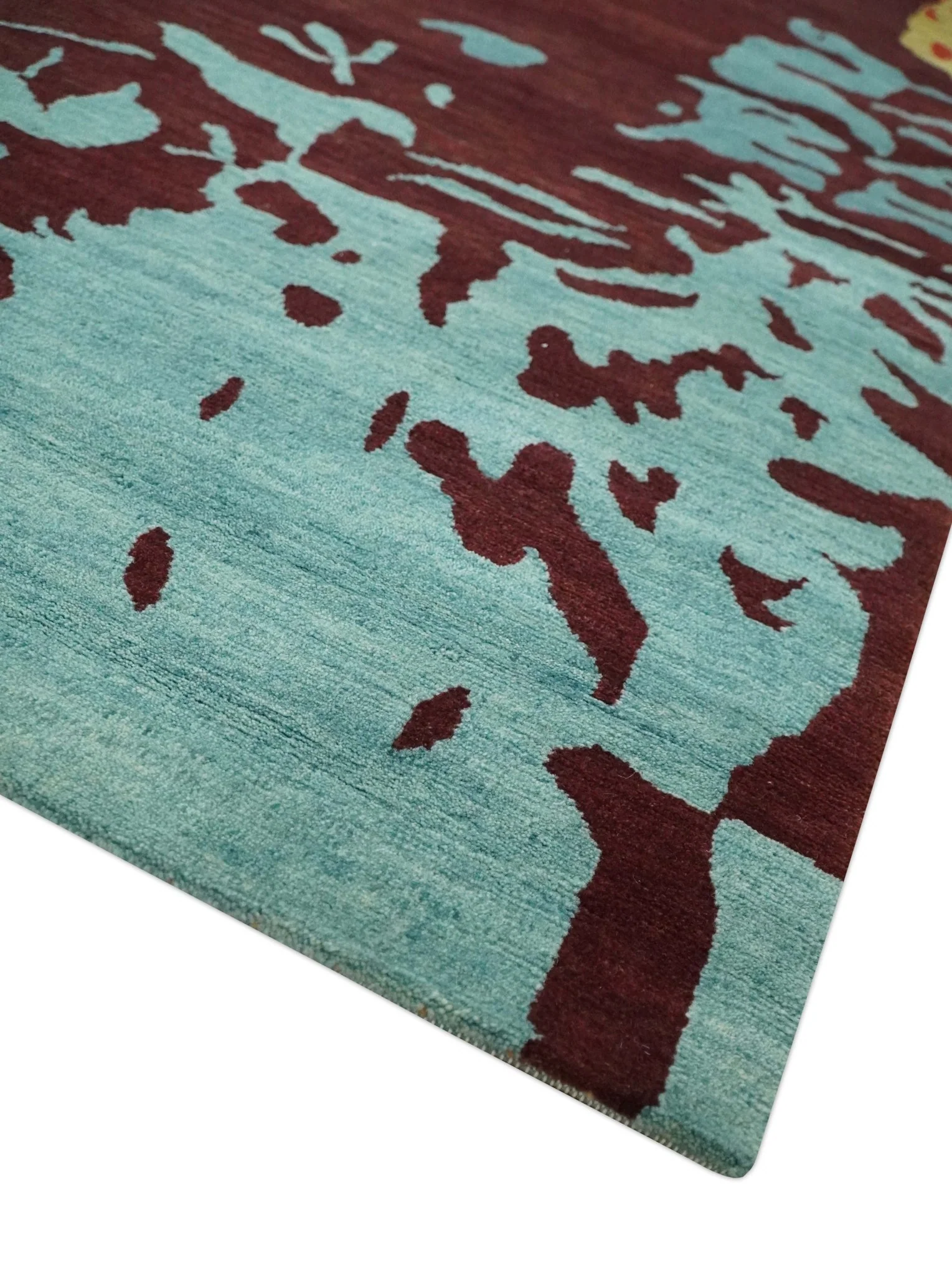 Modern Abstract Maroon, Gold and Aqua Hand loom 5x7 wool and Viscose Area Rug - Image 5