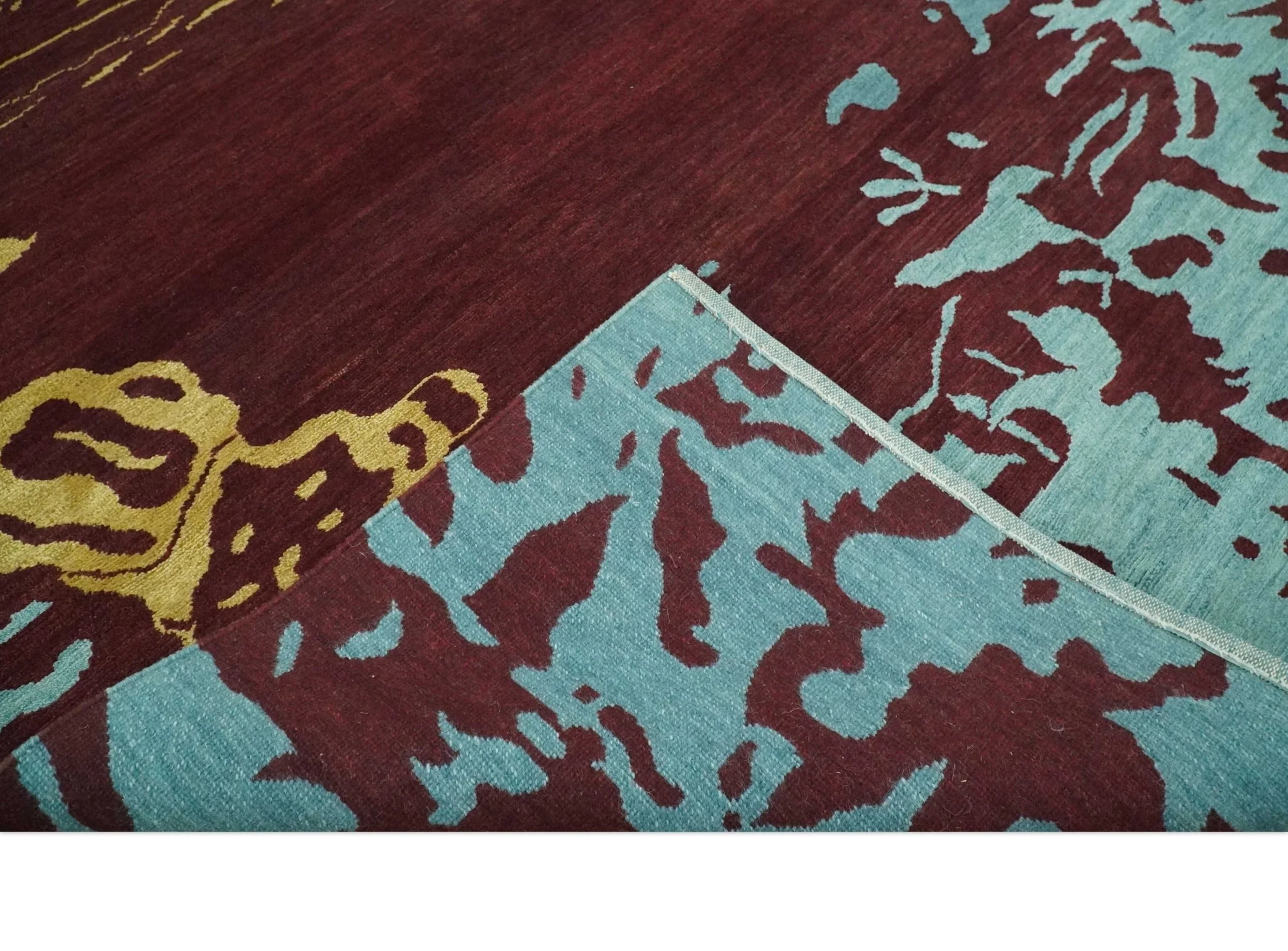 Modern Abstract Maroon, Gold and Aqua Hand loom 5x7 wool and Viscose Area Rug - Image 6