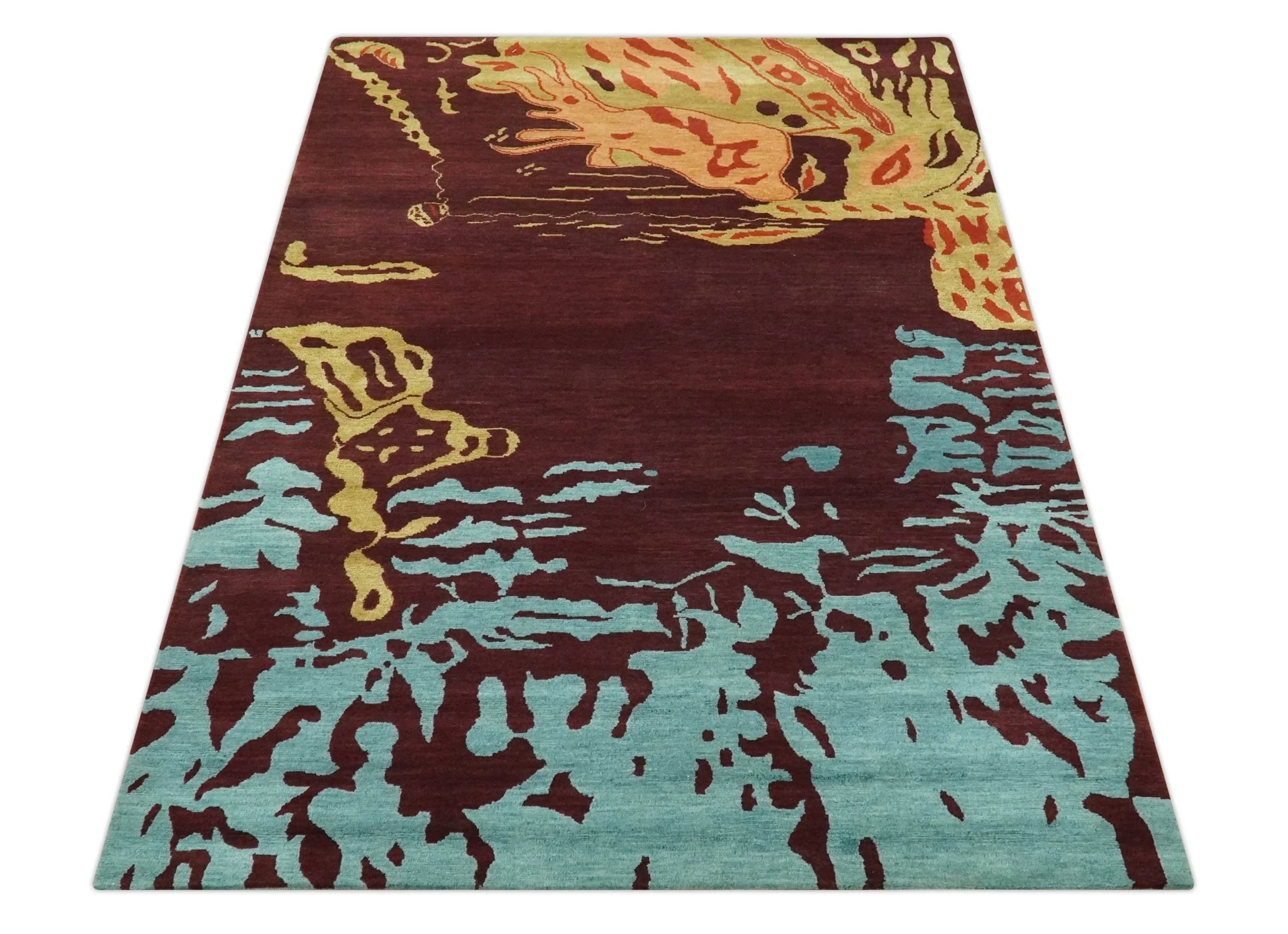 Modern Abstract Maroon, Gold and Aqua Hand loom 5x7 wool and Viscose Area Rug - Image 9