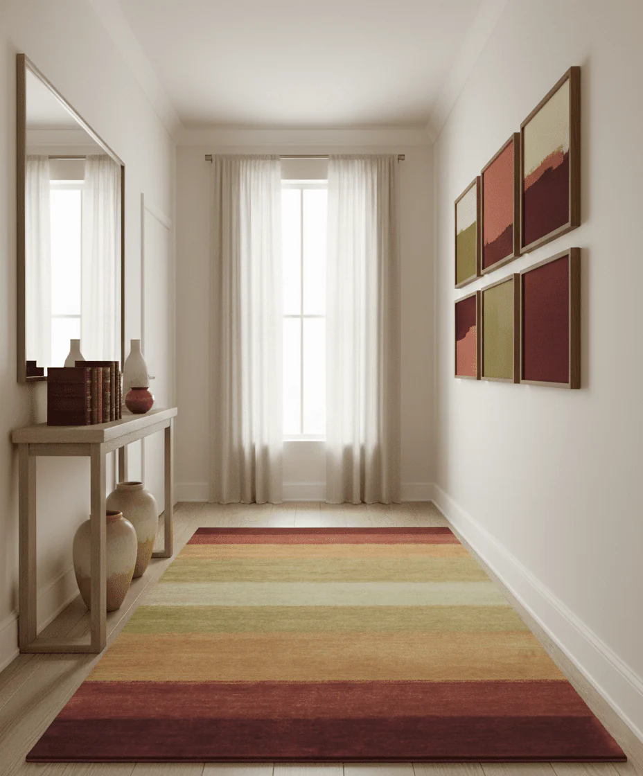 Maroon, Rust, Gold, Olive and Ivory Modern Stripes 5.6x6.6 Hand loom wool area Rug - Image 2