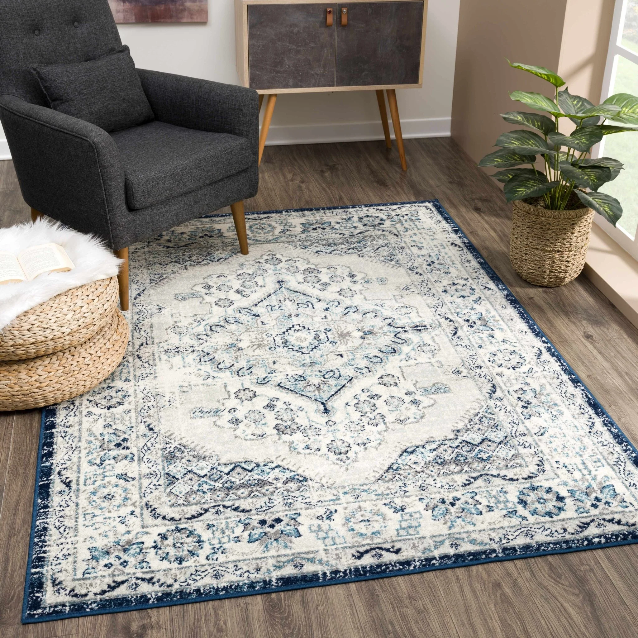 Traditional Medallion Beige, Blue and Gray low Pile Area Rug - Image 2