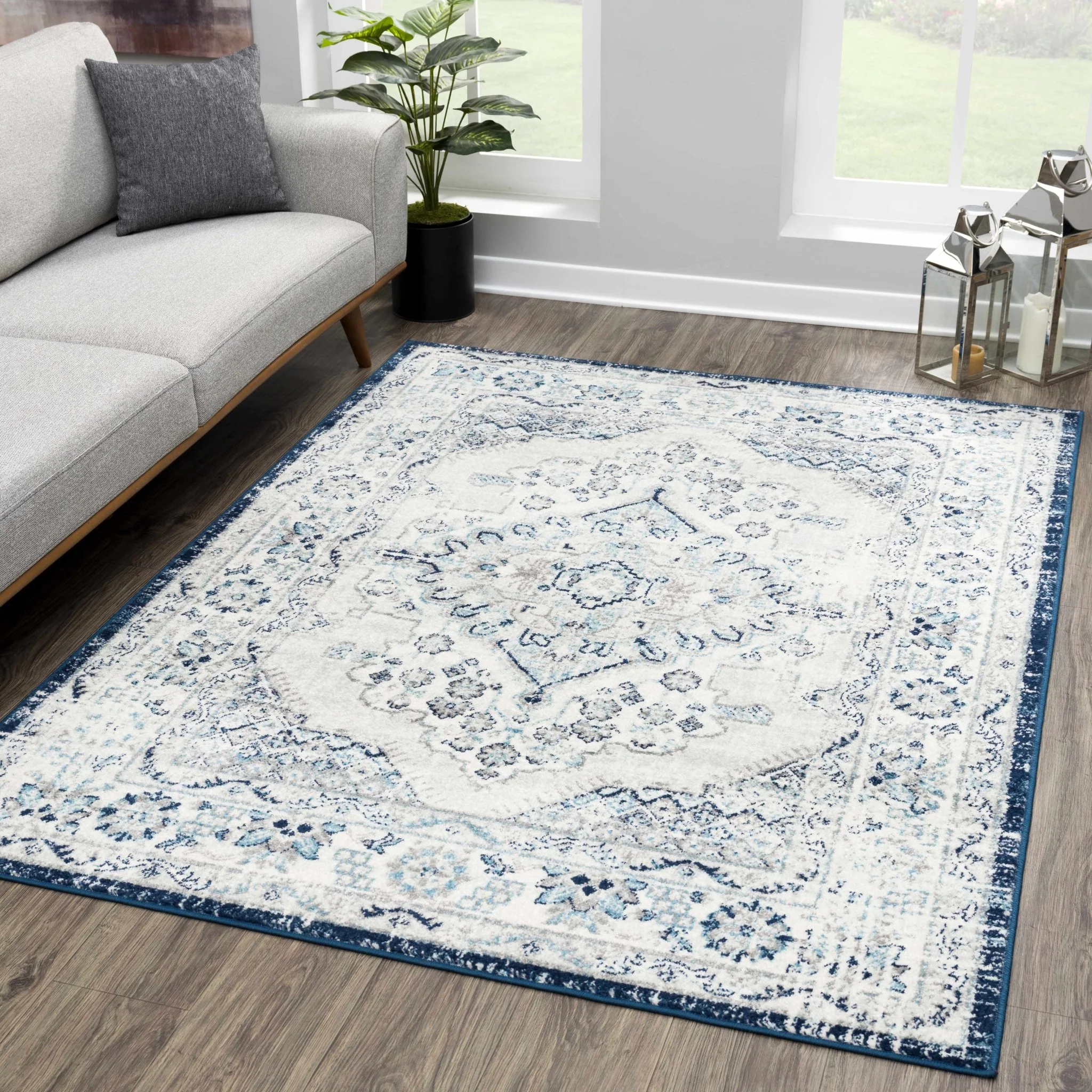 Traditional Medallion Beige, Blue and Gray low Pile Area Rug - Image 3