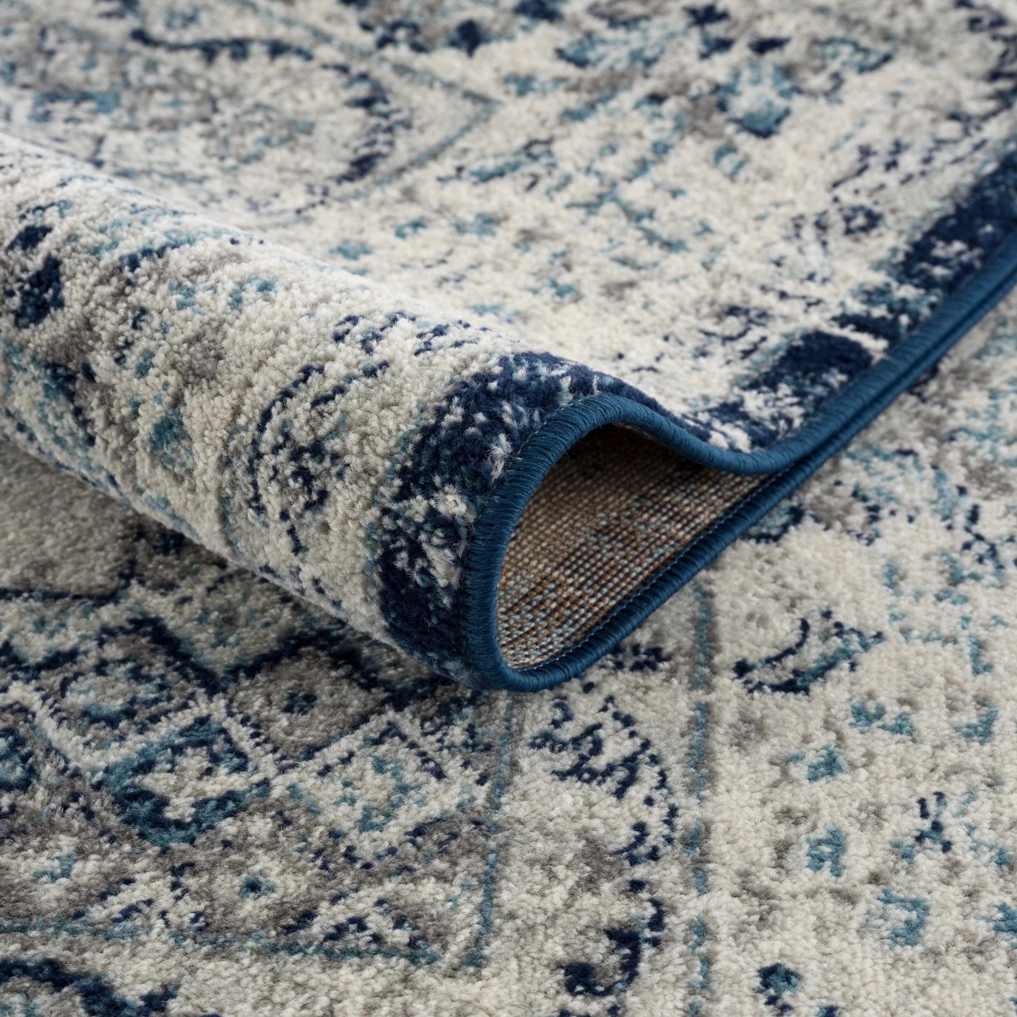 Traditional Medallion Beige, Blue and Gray low Pile Area Rug - Image 6