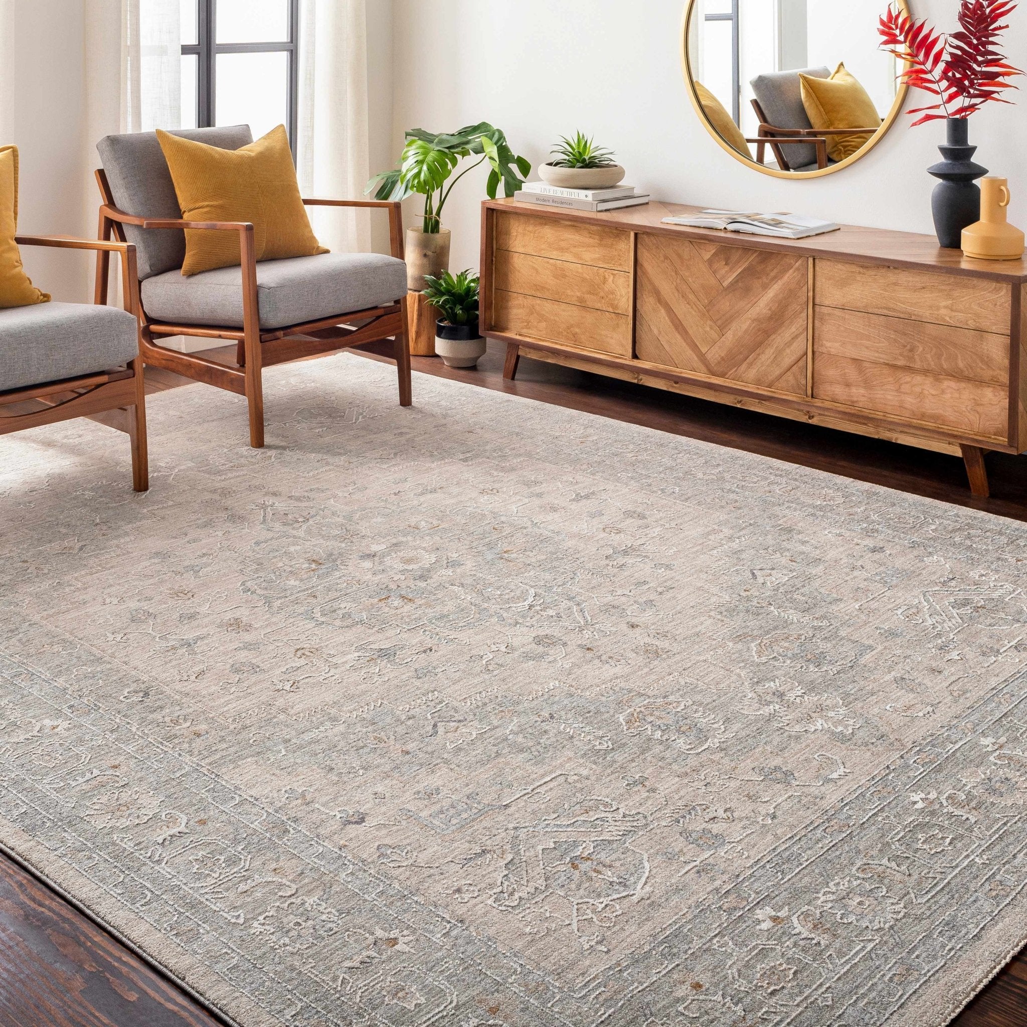 Traditional Medallion, Heriz Beige, Purple, white and Gray Medium pile Area rug - Image 10