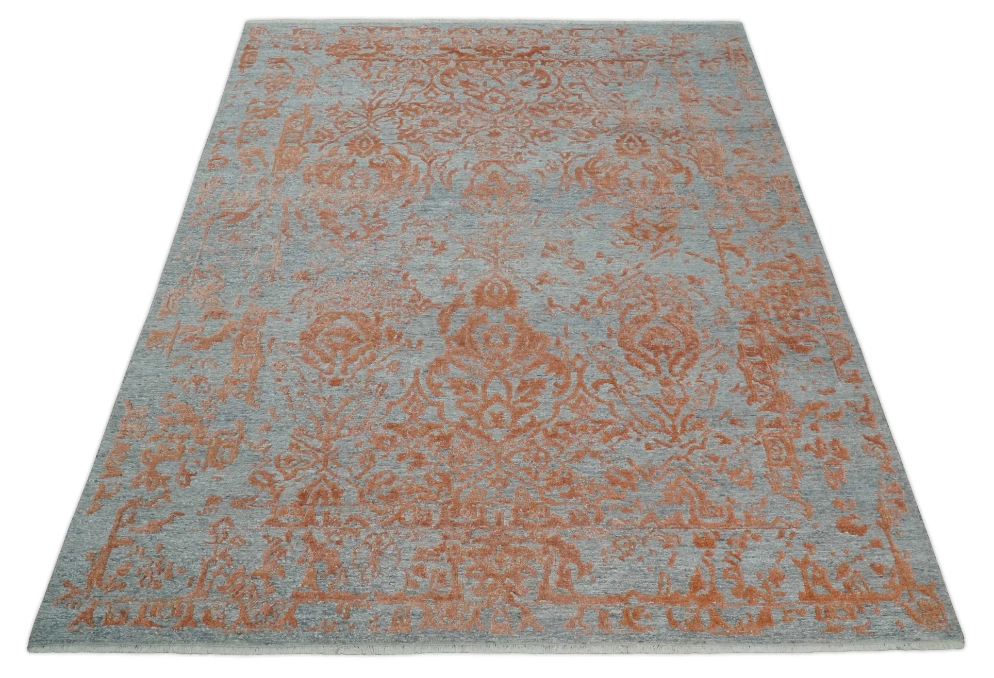 Modern 8x10 Silver and Rust Traditional Carved Pattern Handmade Wool Area Rug - Image 10