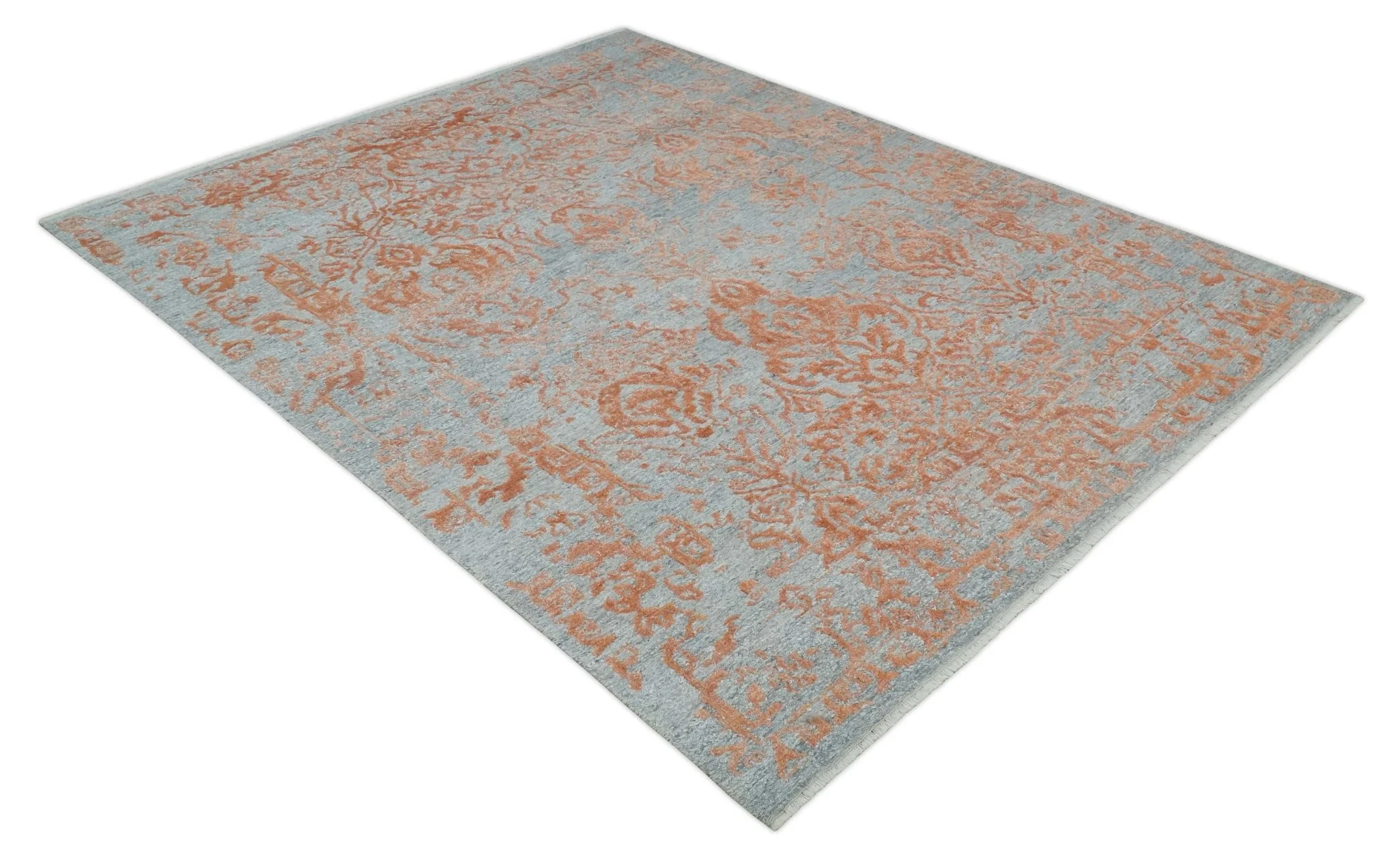 Modern 8x10 Silver and Rust Traditional Carved Pattern Handmade Wool Area Rug - Image 9