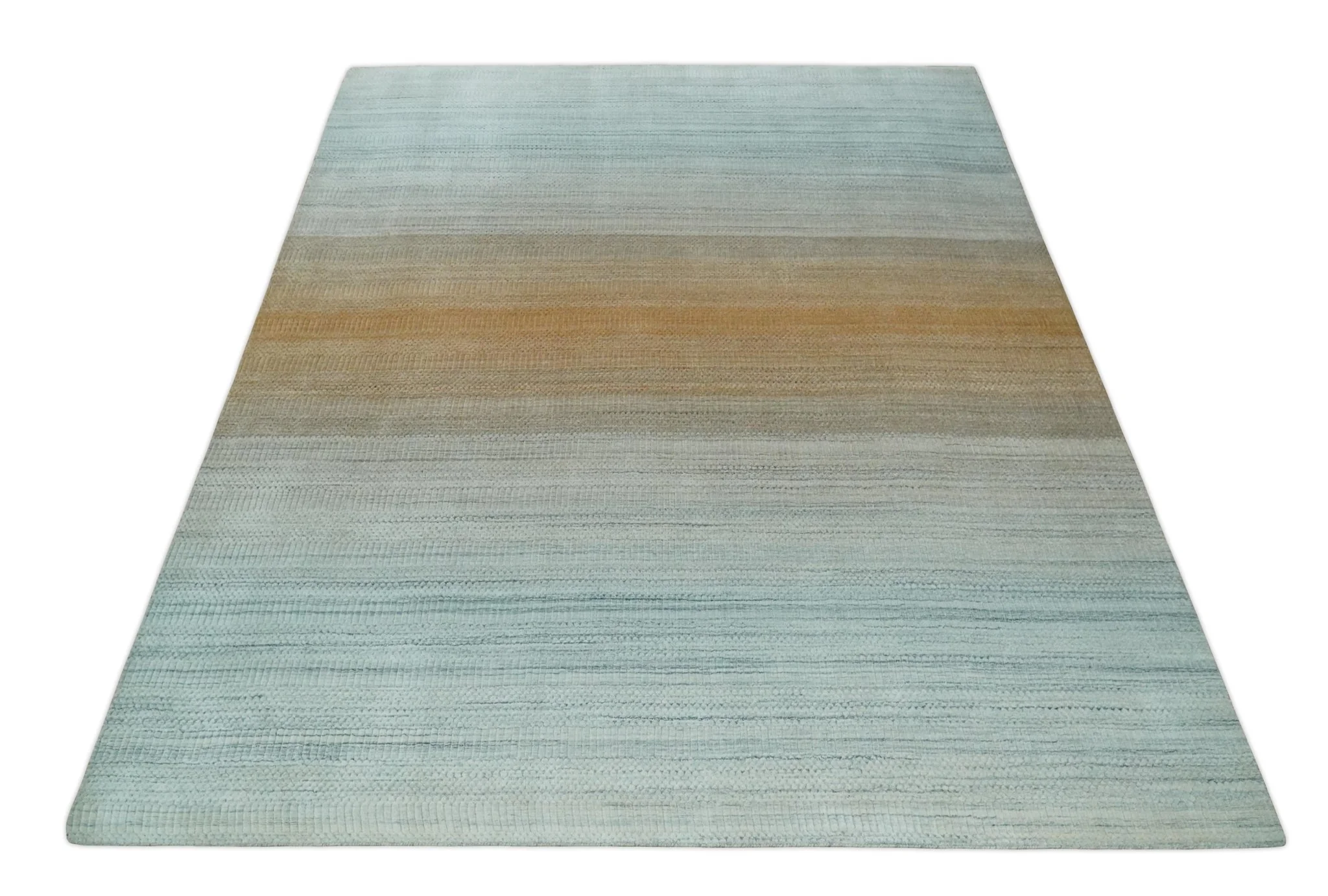 Modern Ombre 8x10 Hand Made Silver, Blue, Gold and Beige Scandinavian Blended Wool Flatwoven Area Rug | KE13 - Image 11