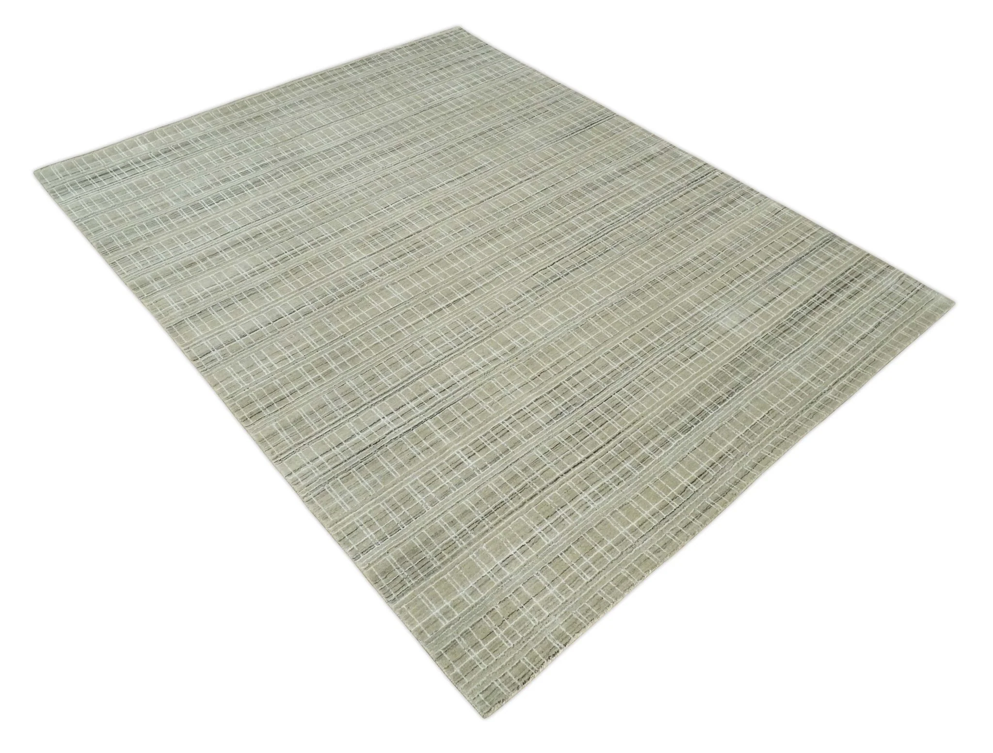 Modern 8x10 Hand Made striped Olive, White and Brown Scandinavian Blended Wool Flatwoven Area Rug | KE33 - Image 10