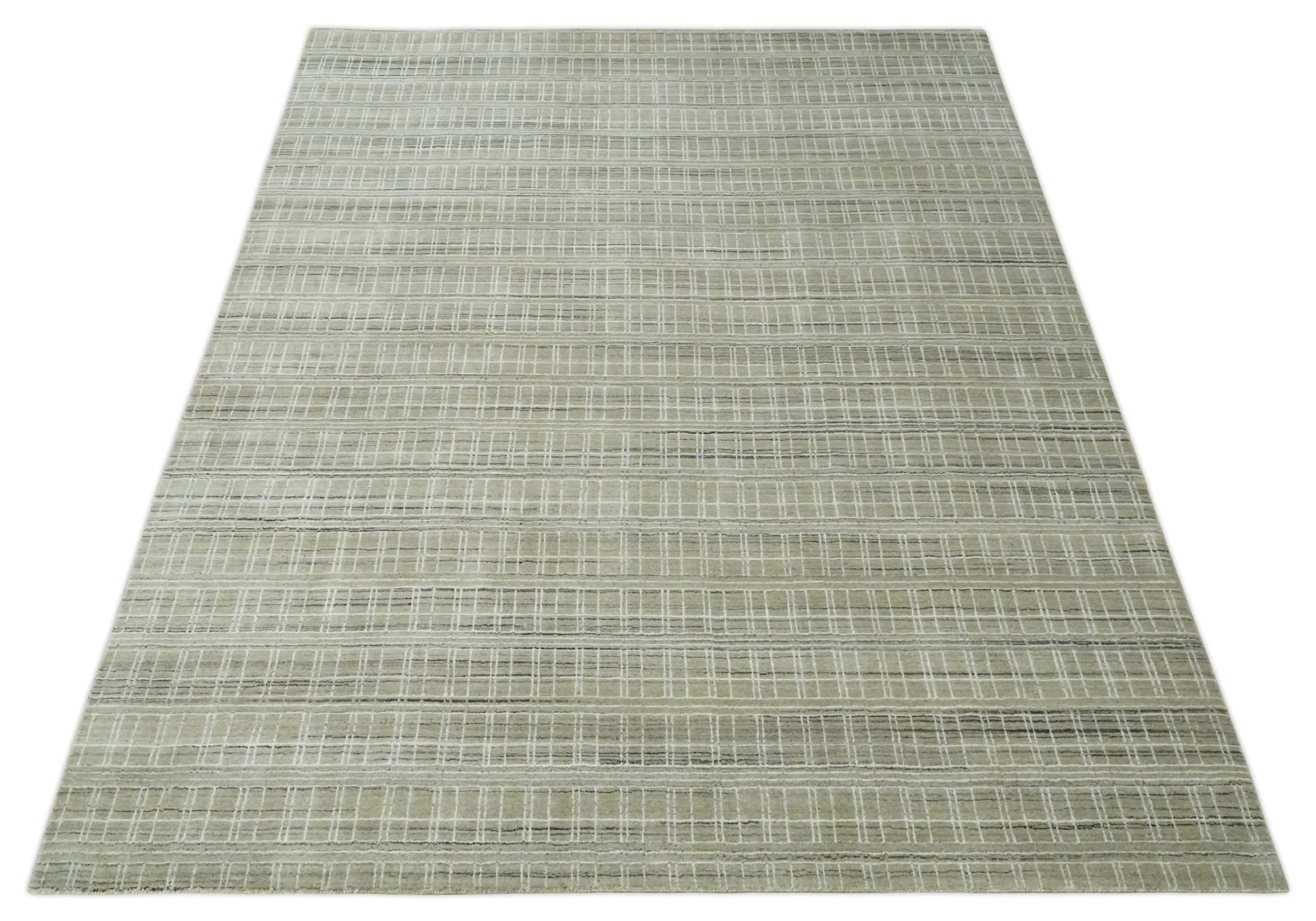 Modern 8x10 Hand Made striped Olive, White and Brown Scandinavian Blended Wool Flatwoven Area Rug | KE33 - Image 11