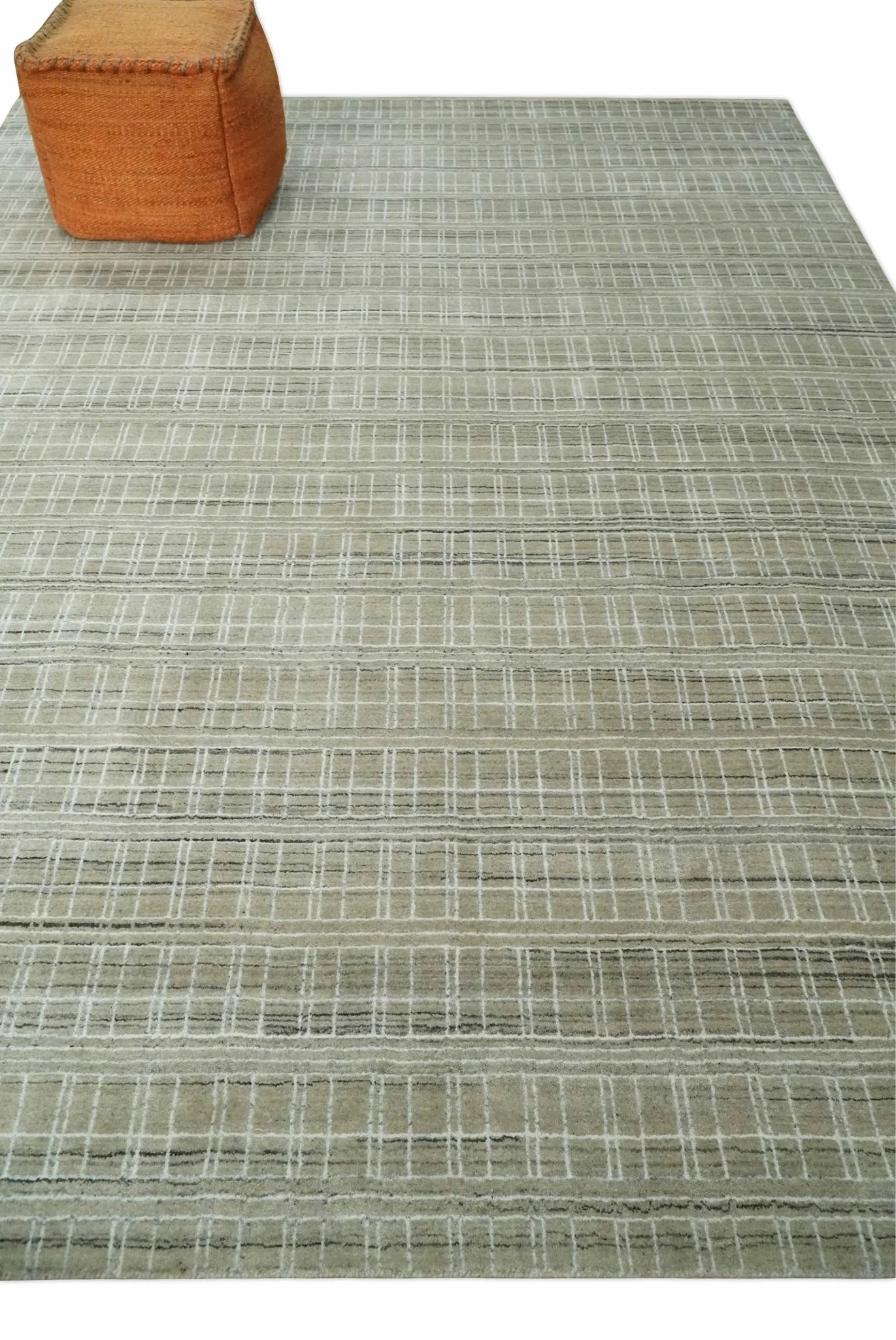 Modern 8x10 Hand Made striped Olive, White and Brown Scandinavian Blended Wool Flatwoven Area Rug | KE33 - Image 3
