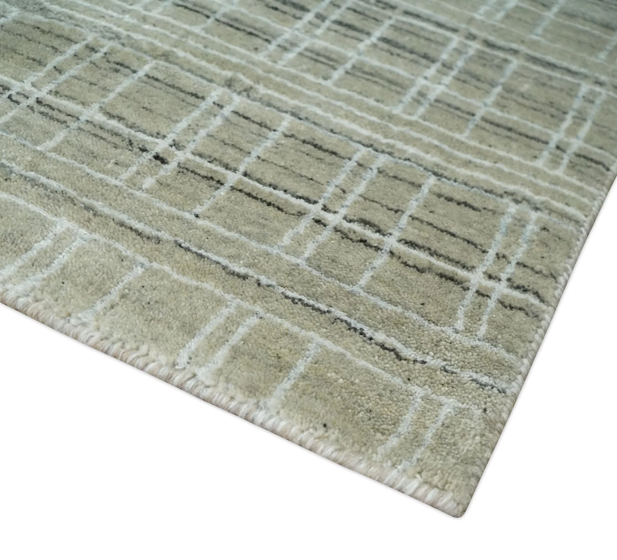 Modern 8x10 Hand Made striped Olive, White and Brown Scandinavian Blended Wool Flatwoven Area Rug | KE33 - Image 5