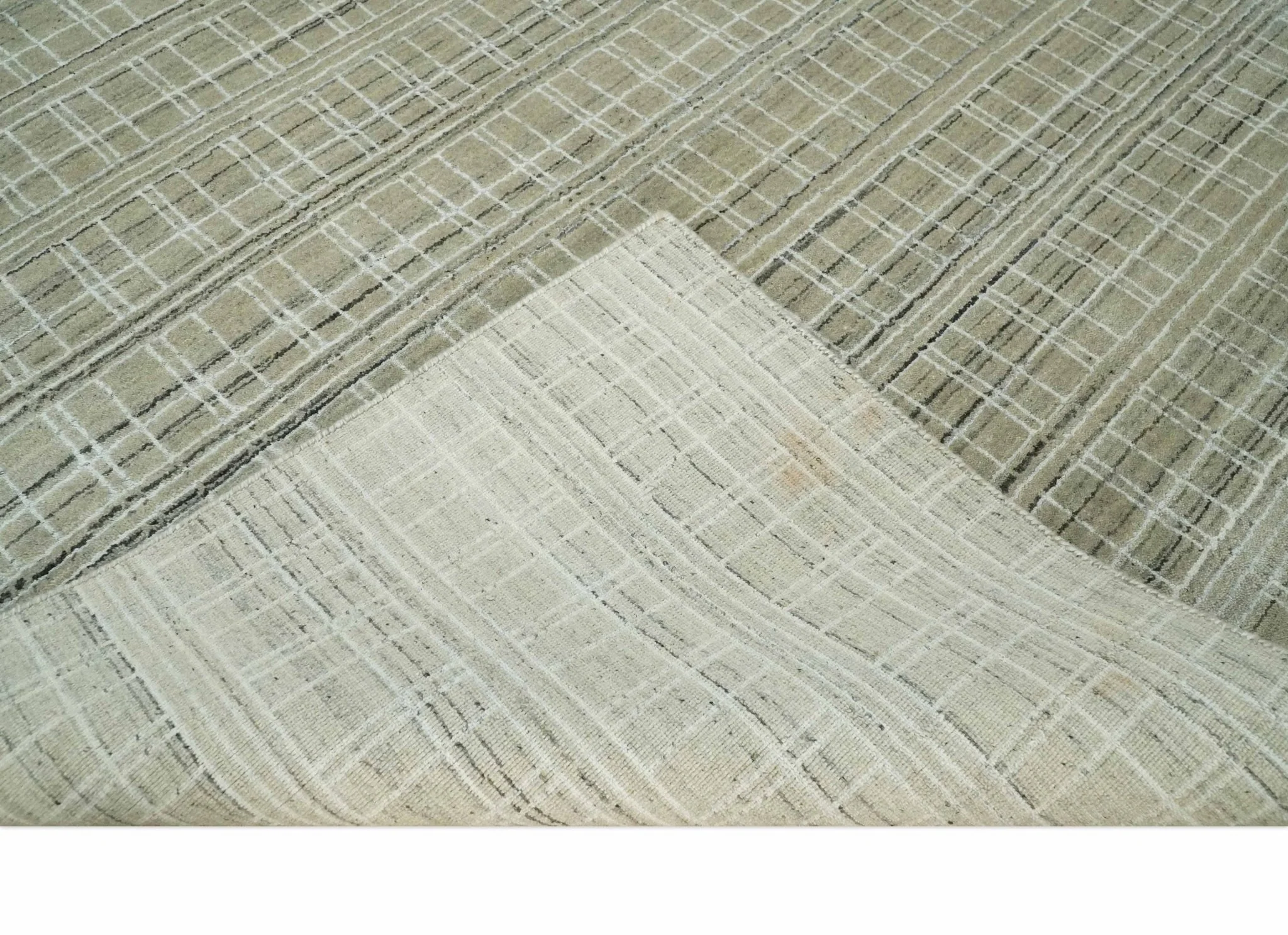 Modern 8x10 Hand Made striped Olive, White and Brown Scandinavian Blended Wool Flatwoven Area Rug | KE33 - Image 7