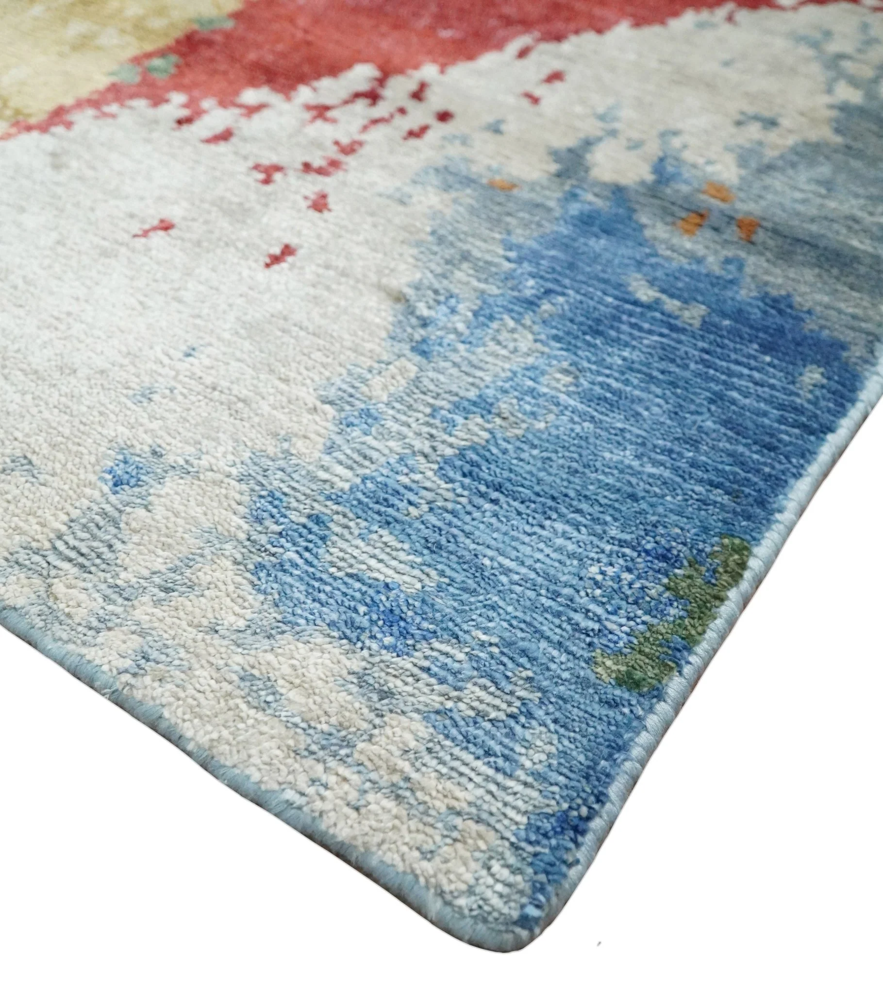Modern Abstract 2x4 Blue, Red and Gold Hand Knotted Entryway bamboo silk Area Rug | TRD3152224 - Image 6