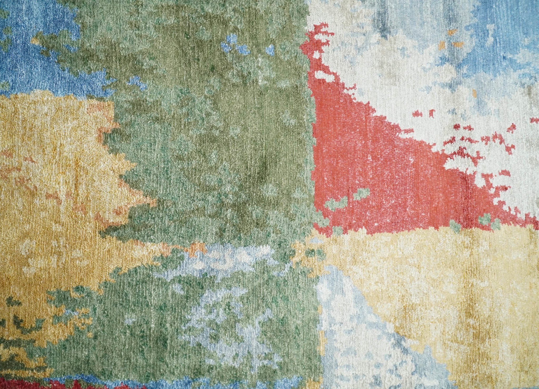 Modern Abstract 2x4 Blue, Red and Gold Hand Knotted Entryway bamboo silk Area Rug | TRD3152224 - Image 8