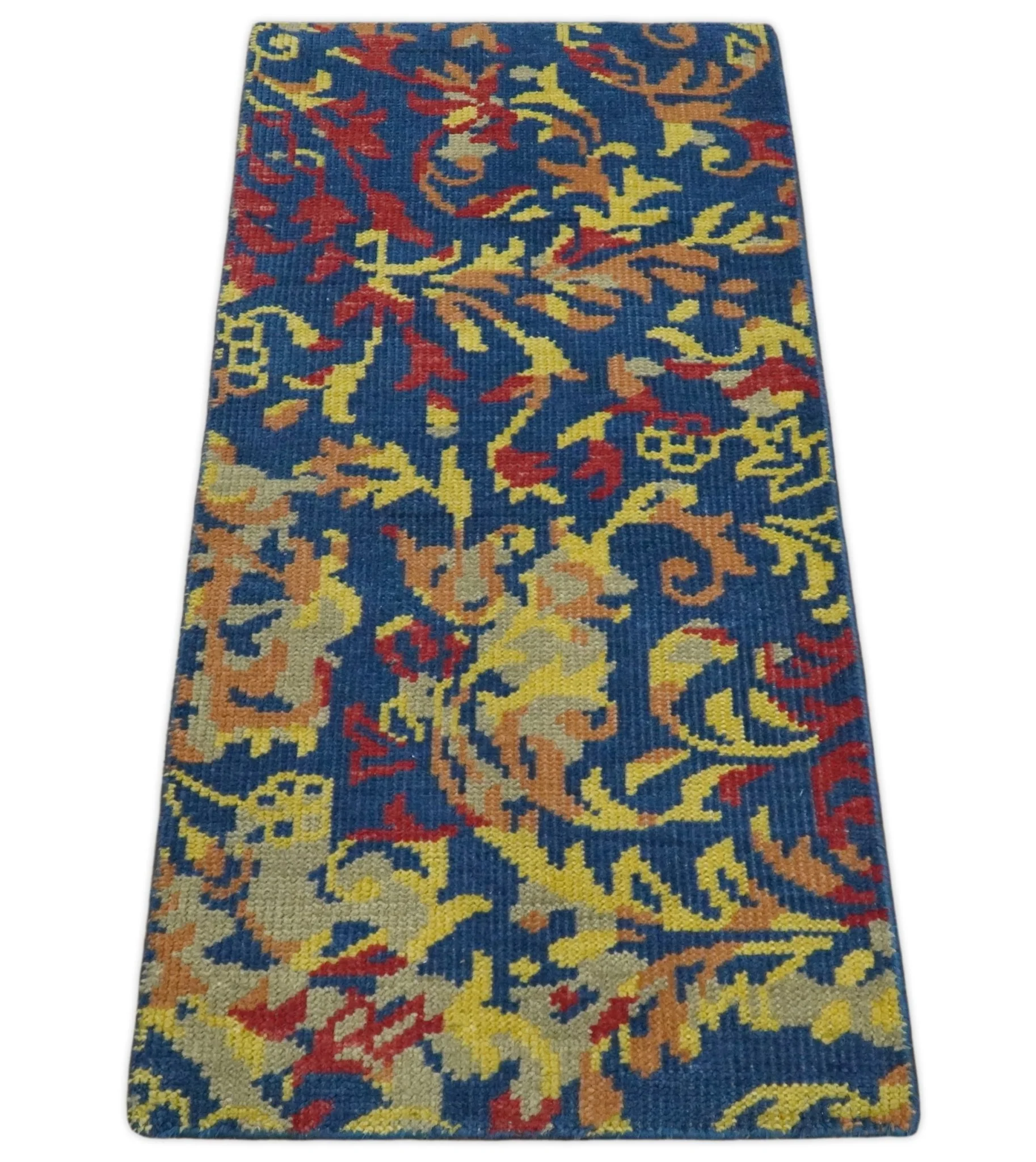 Modern Abstract 2x4 Blue, Red and Gold Hand Knotted Entryway Wool Area Rug | TRD3379124 - Image 3