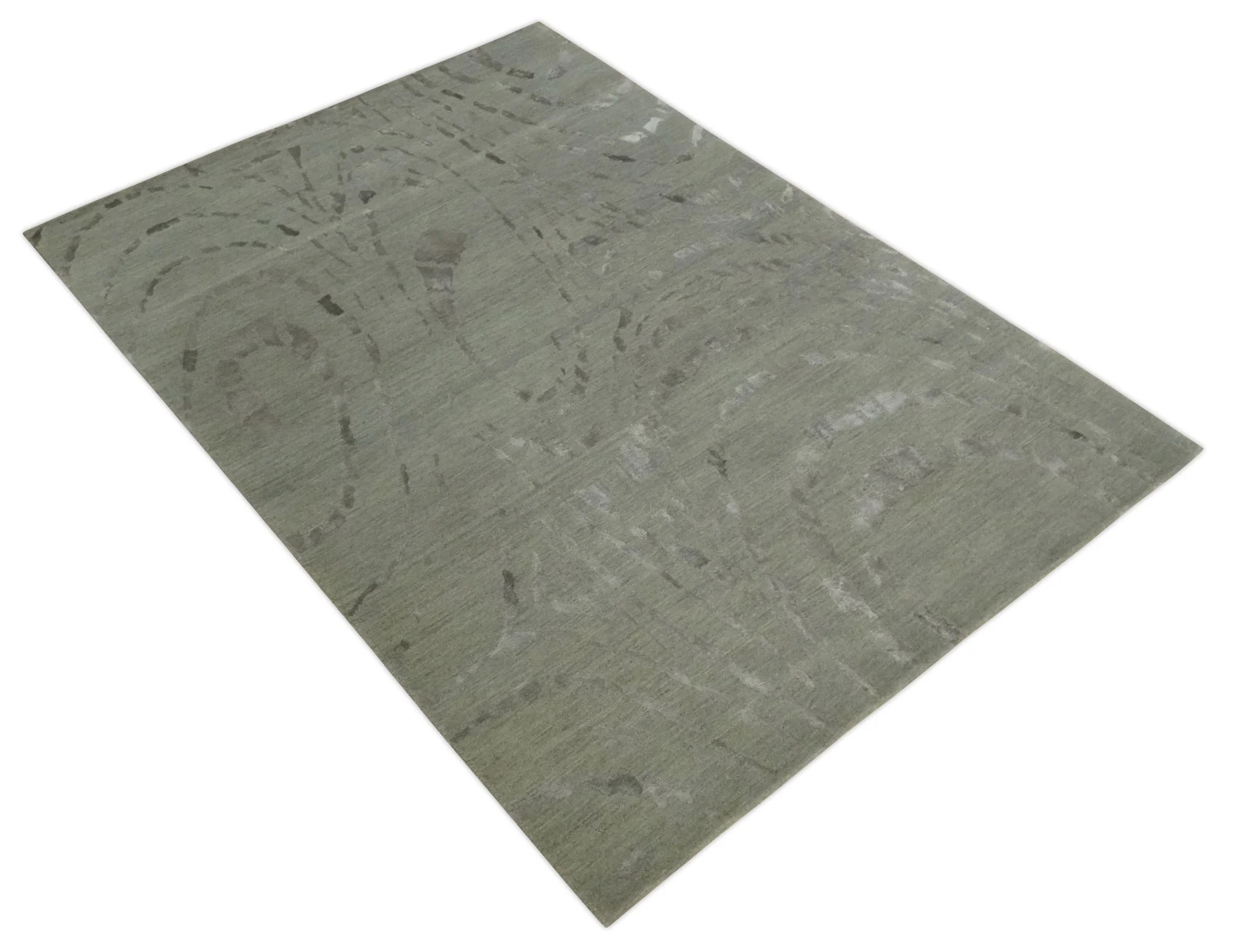 Modern Abstract 5x7 Olive and Gray Hand Knotted Wool and Silk Area Rug - Image 10