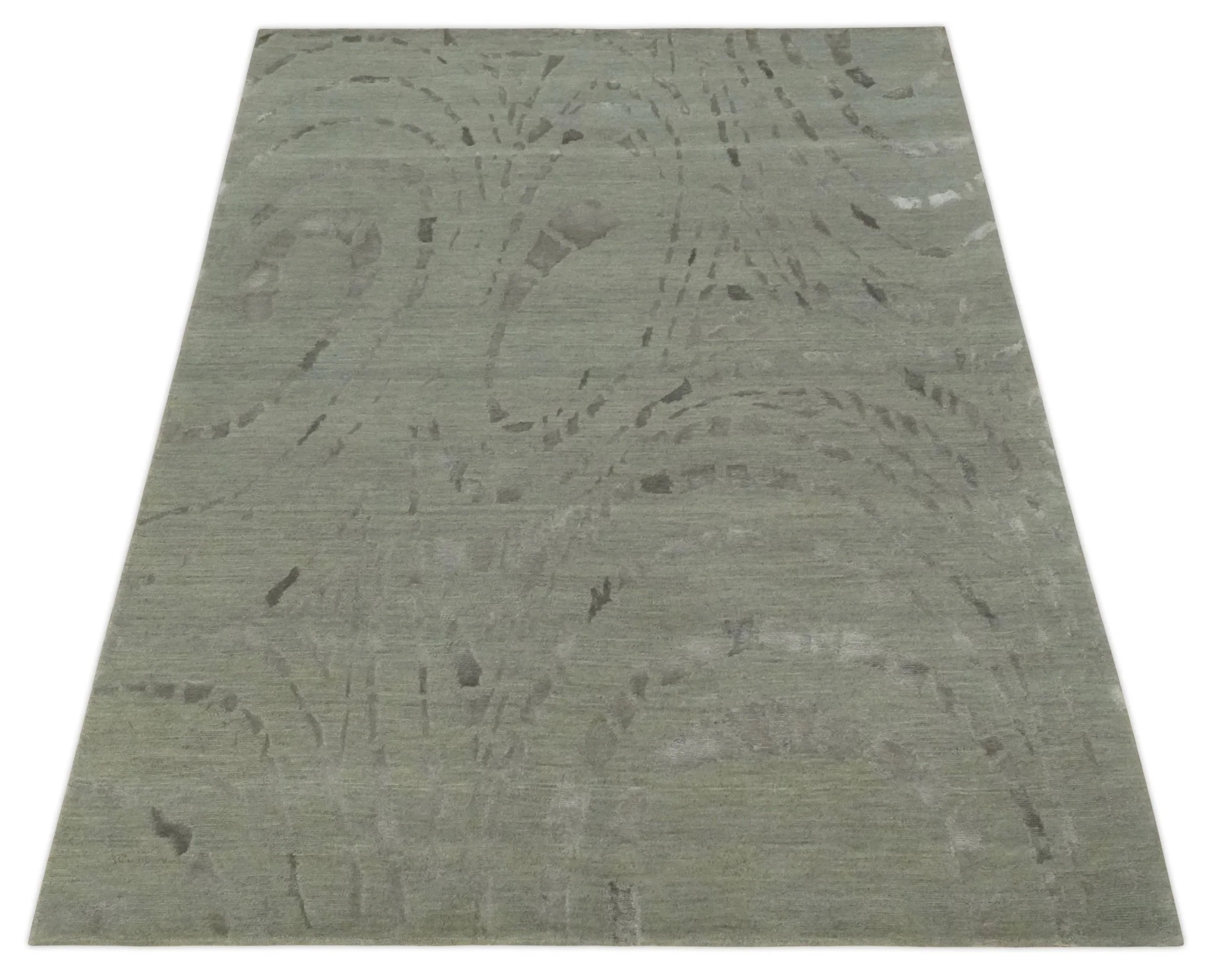 Modern Abstract 5x7 Olive and Gray Hand Knotted Wool and Silk Area Rug - Image 11