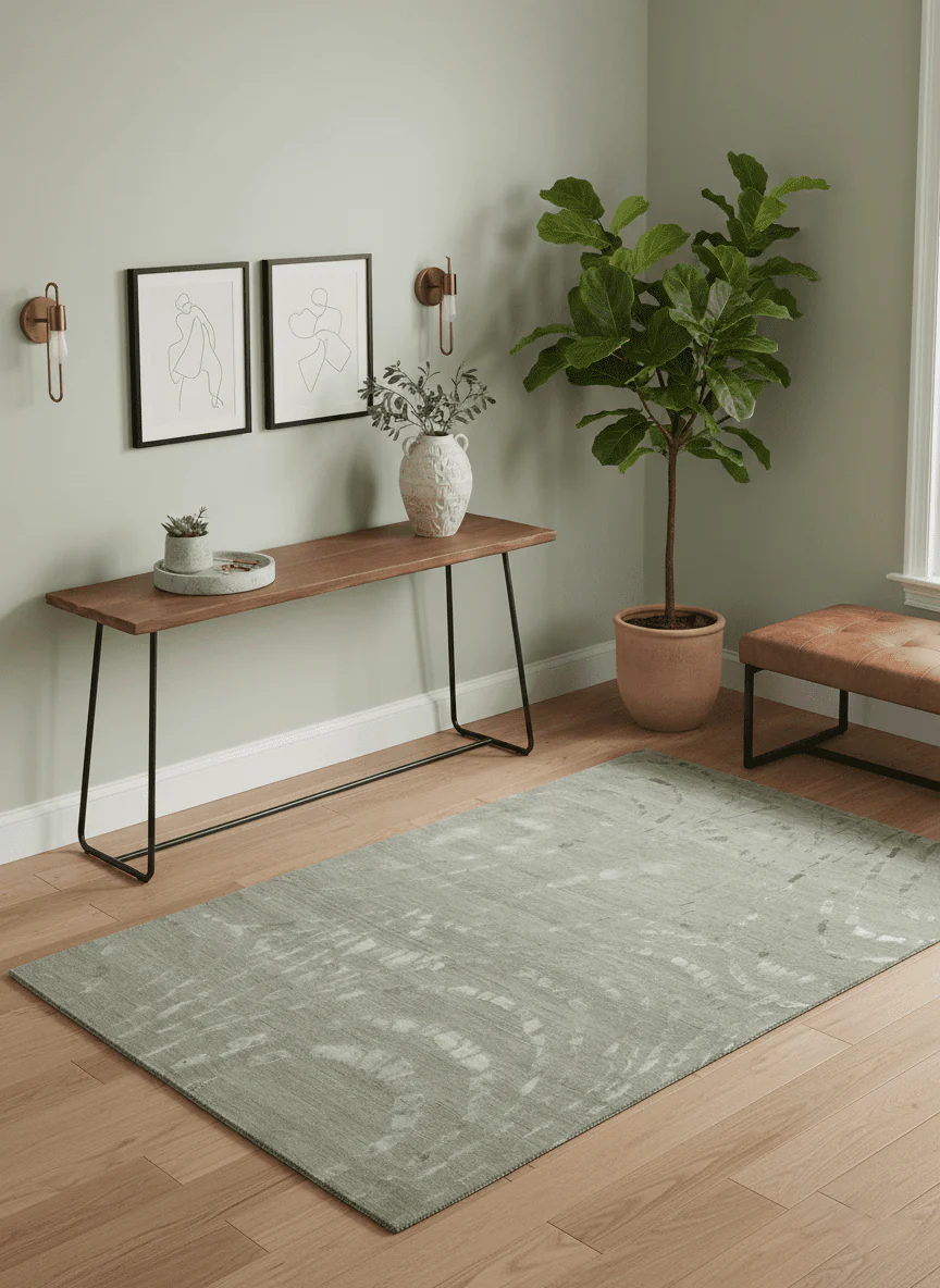 Modern Abstract 5x7 Olive and Gray Hand Knotted Wool and Silk Area Rug - Image 2