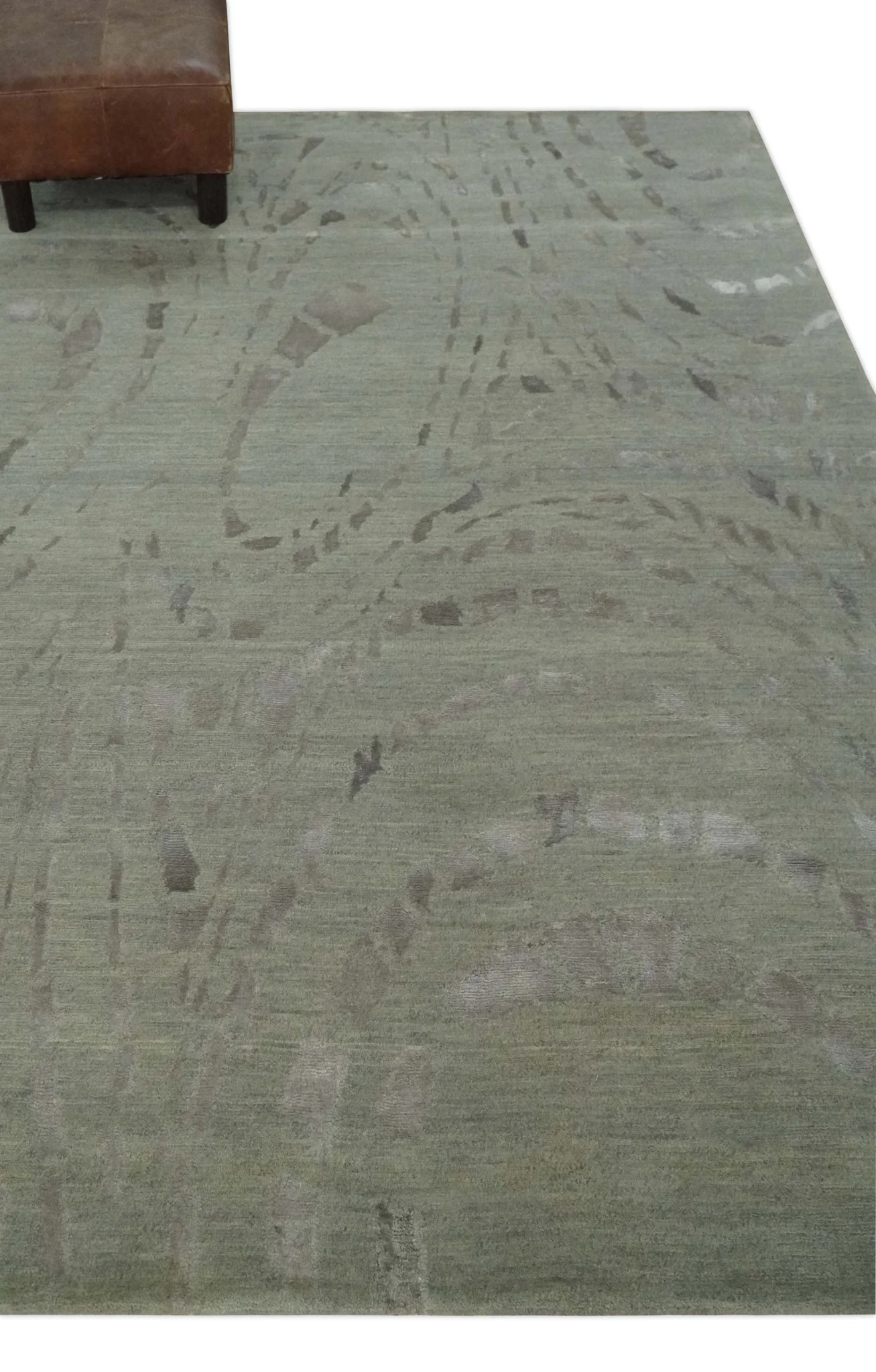 Modern Abstract 5x7 Olive and Gray Hand Knotted Wool and Silk Area Rug - Image 3
