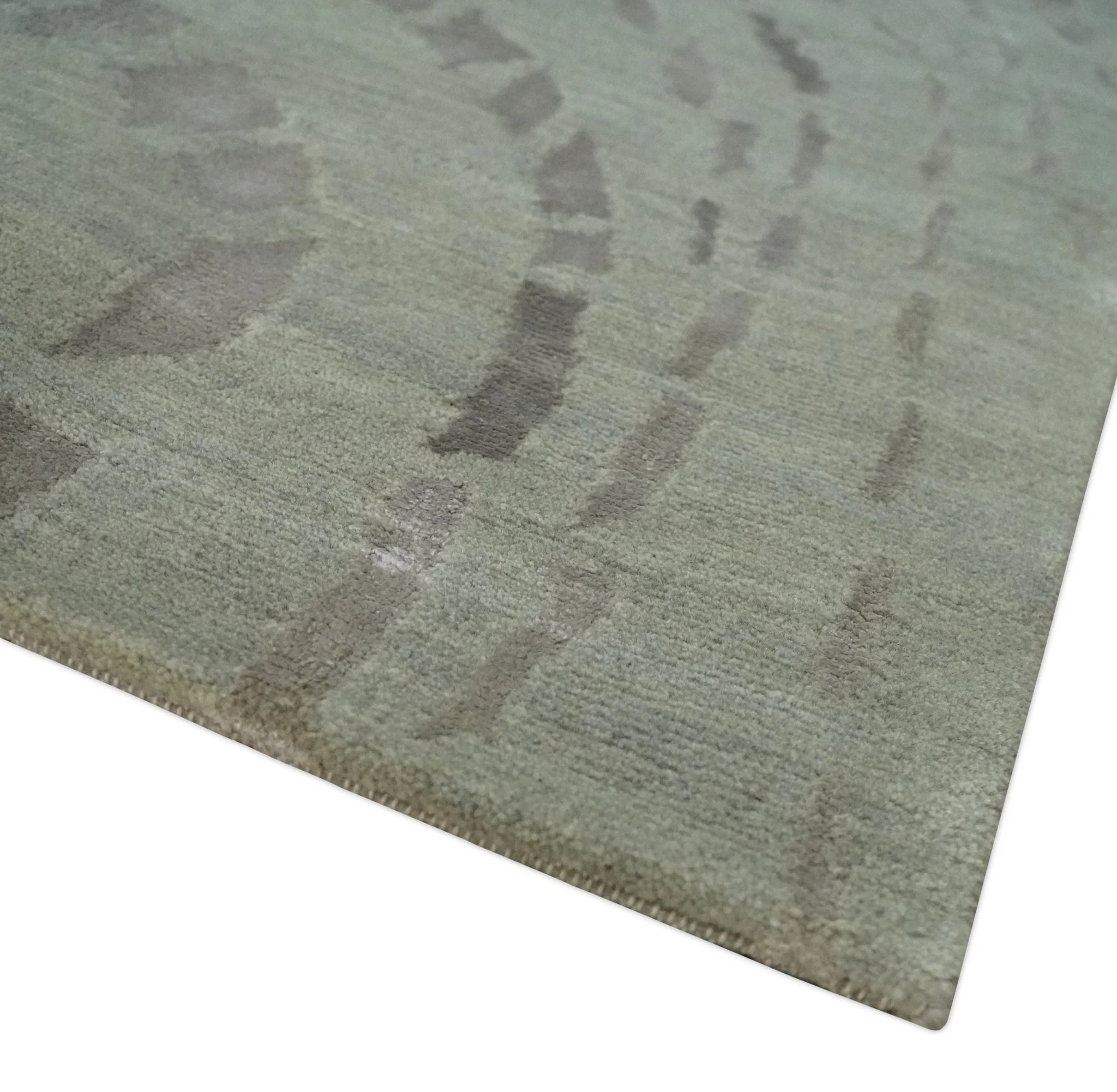 Modern Abstract 5x7 Olive and Gray Hand Knotted Wool and Silk Area Rug - Image 5
