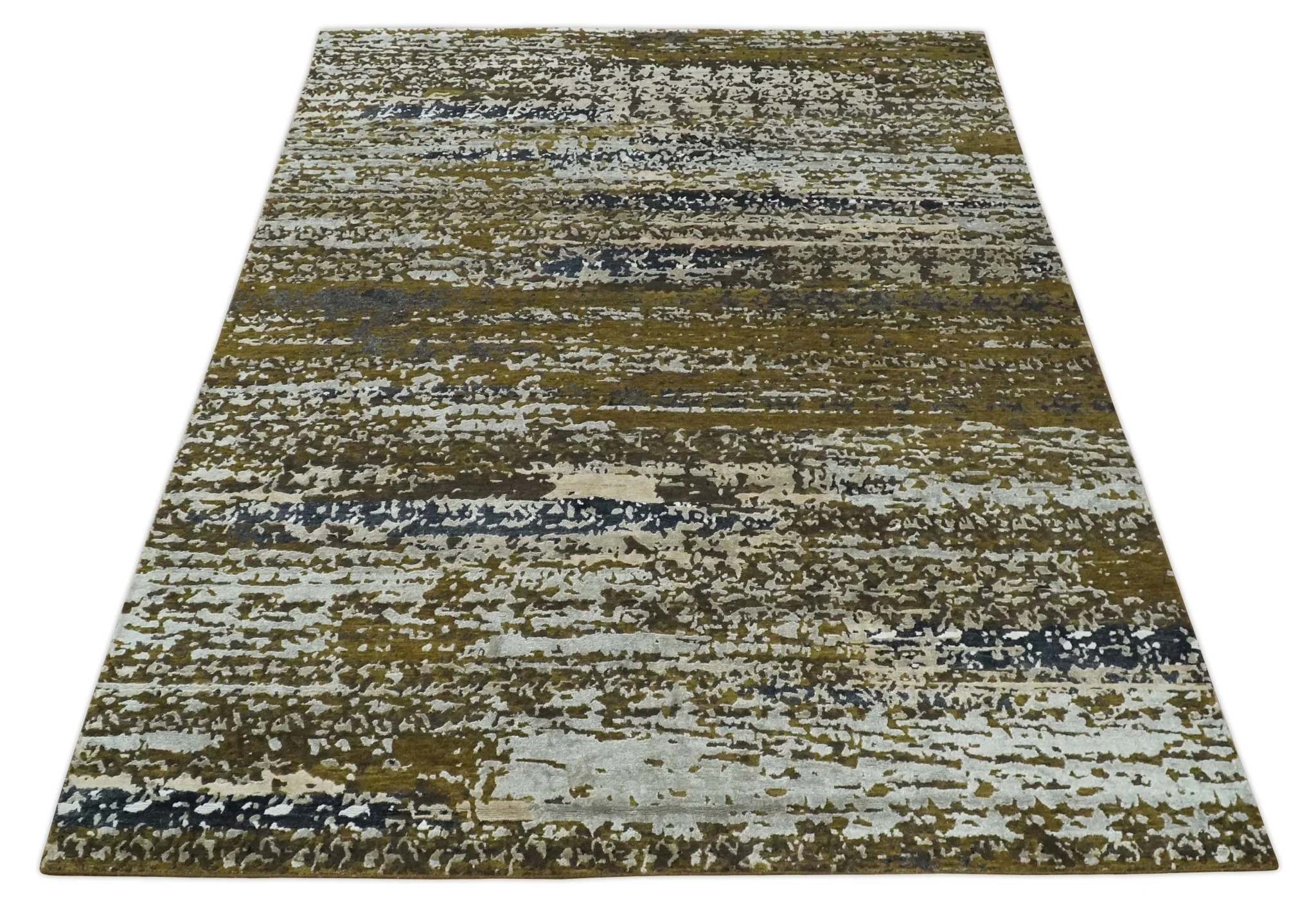 Modern Abstract 8x10 Ivory, Olive and Dark Blue Hand Knotted Bamboo Silk Area Rug - Image 10