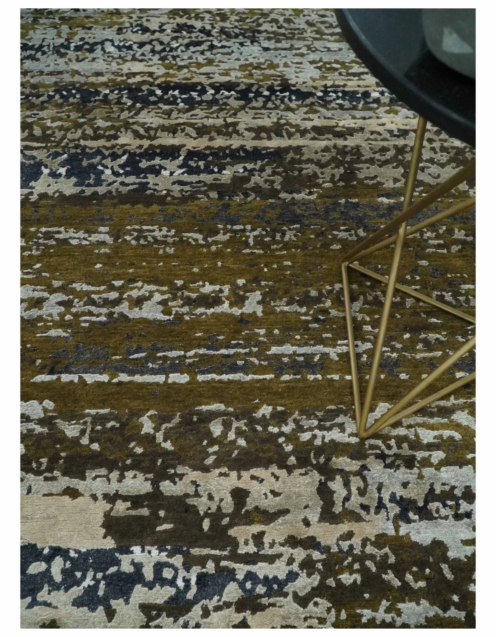Modern Abstract 8x10 Ivory, Olive and Dark Blue Hand Knotted Bamboo Silk Area Rug - Image 2
