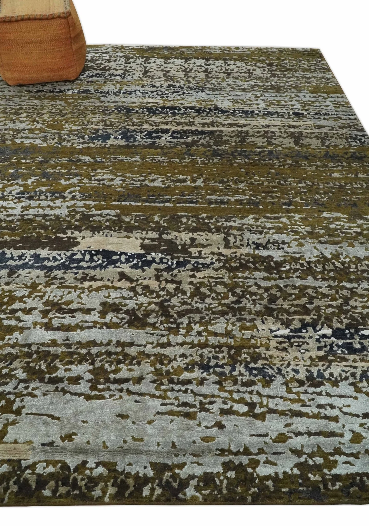 Modern Abstract 8x10 Ivory, Olive and Dark Blue Hand Knotted Bamboo Silk Area Rug - Image 3