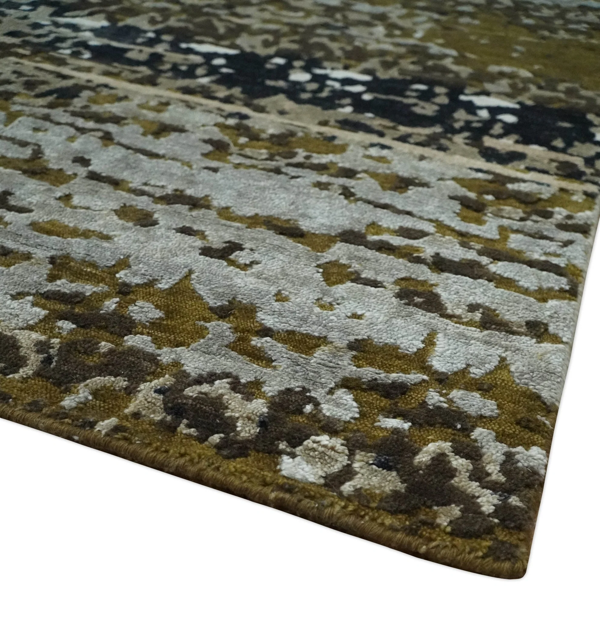 Modern Abstract 8x10 Ivory, Olive and Dark Blue Hand Knotted Bamboo Silk Area Rug - Image 5