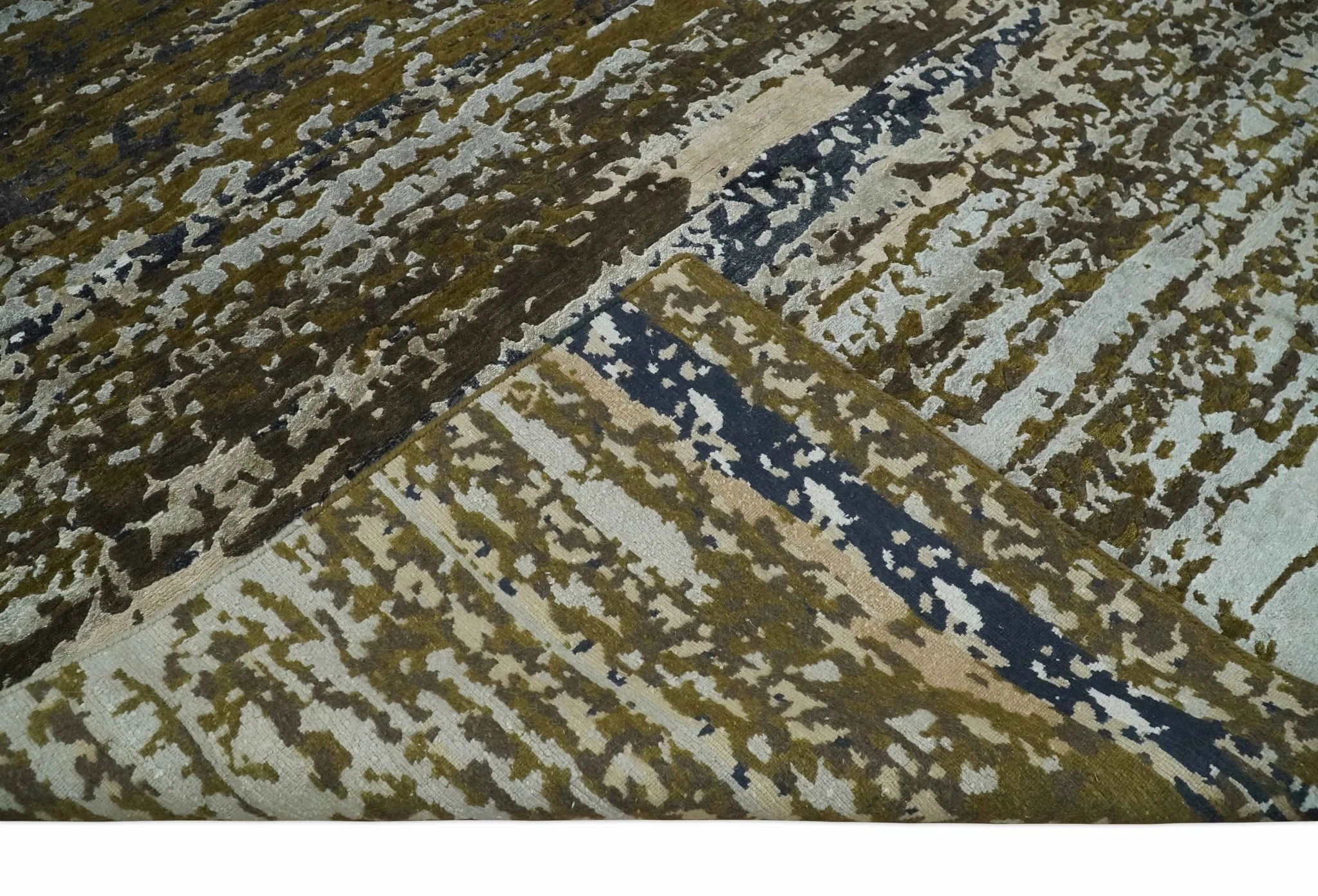 Modern Abstract 8x10 Ivory, Olive and Dark Blue Hand Knotted Bamboo Silk Area Rug - Image 7