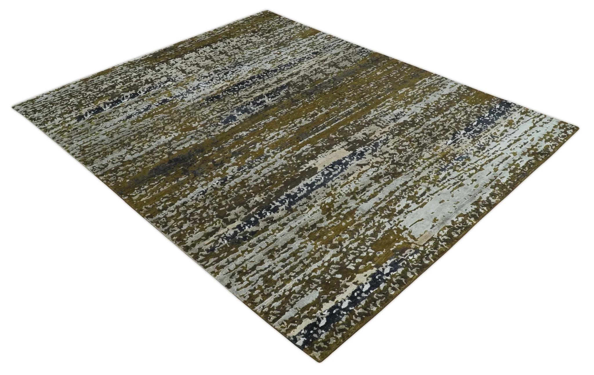 Modern Abstract 8x10 Ivory, Olive and Dark Blue Hand Knotted Bamboo Silk Area Rug - Image 9